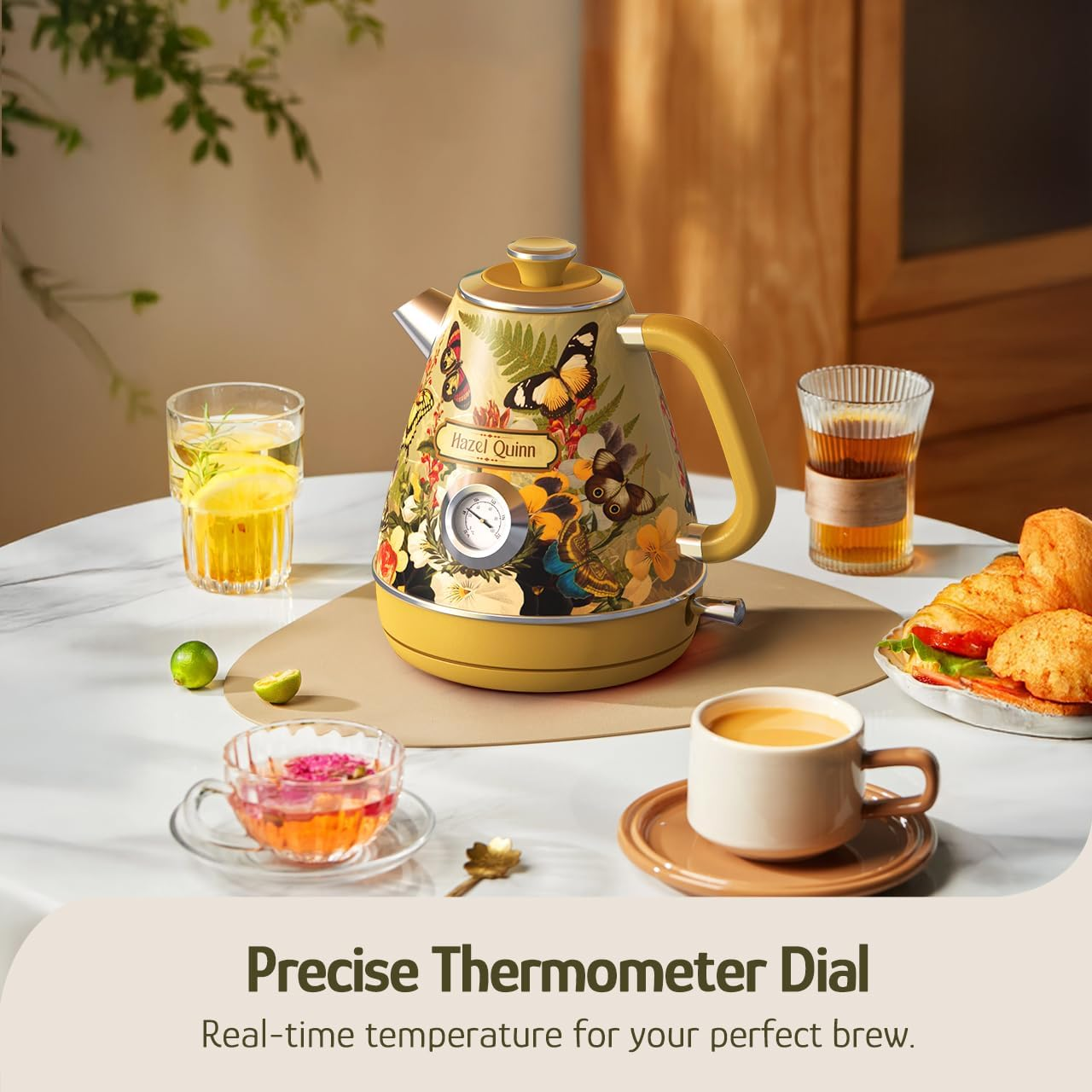 Hazel Quinn Vintage Electric Water Cordless Kettle, 304 Stainless Steel, Dial Thermometer, Fast Boiling, Auto Shut-Off, 1.7 L Capacity, 2200 W, 360&deg; Swivel Base, Floral Design by Artist Eduardo Recife - Ruby Red image number 7