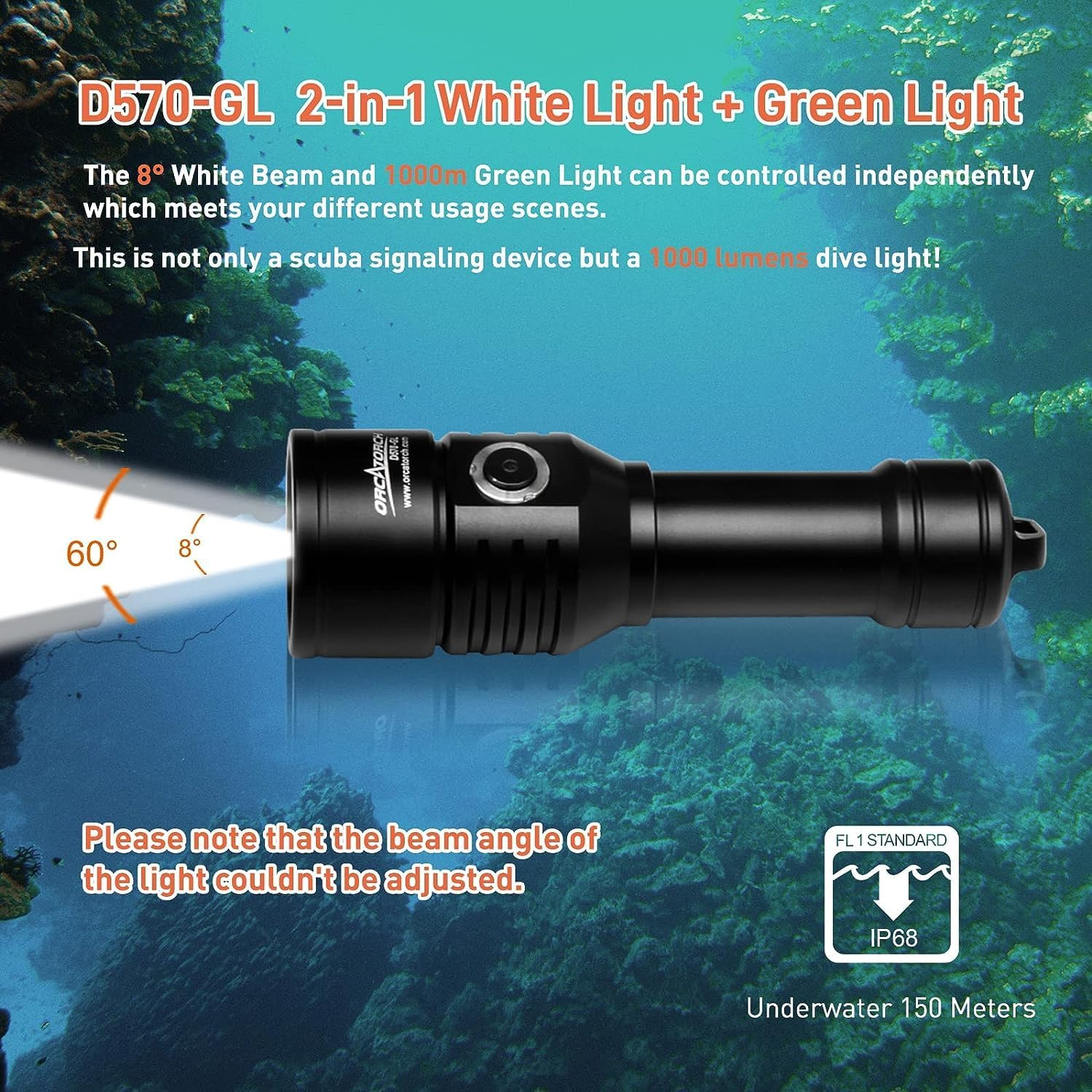 ORCATORCH D570 2-In-1 Scuba Diving Safety Light with 1000 Lumens White Beam, 1000 Meters Green Light, for Diving Instructors, Scuba Divers, Underwater 150 Meters Diving image number 2