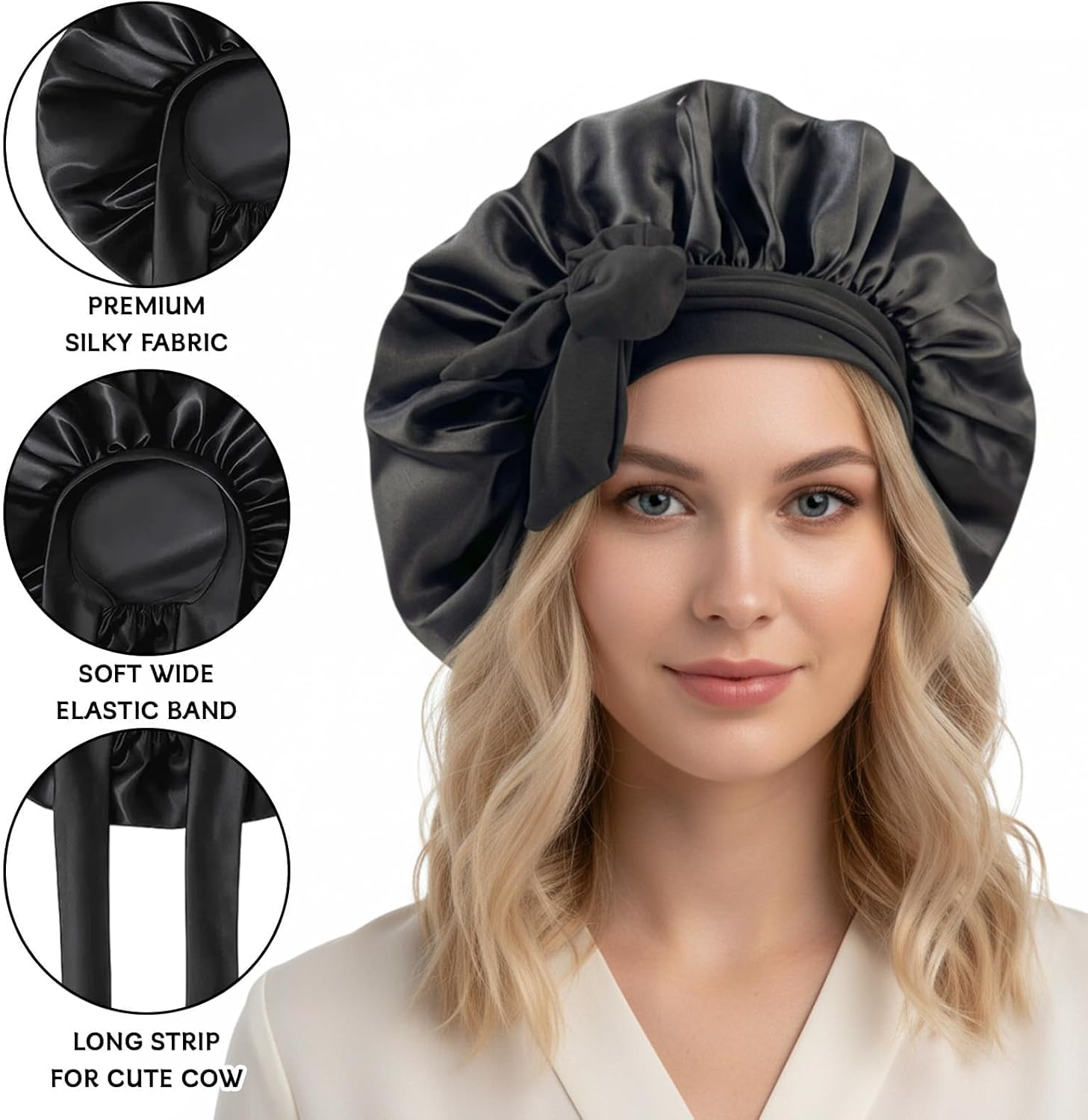 Jazrvr Silk Bonnet for Sleeping, Silk Sleep Cap, Set of 6 Including 3 Black Silk Bonnets and 3 Hair Bobbles 36 Cm, Hair Protection for the Night