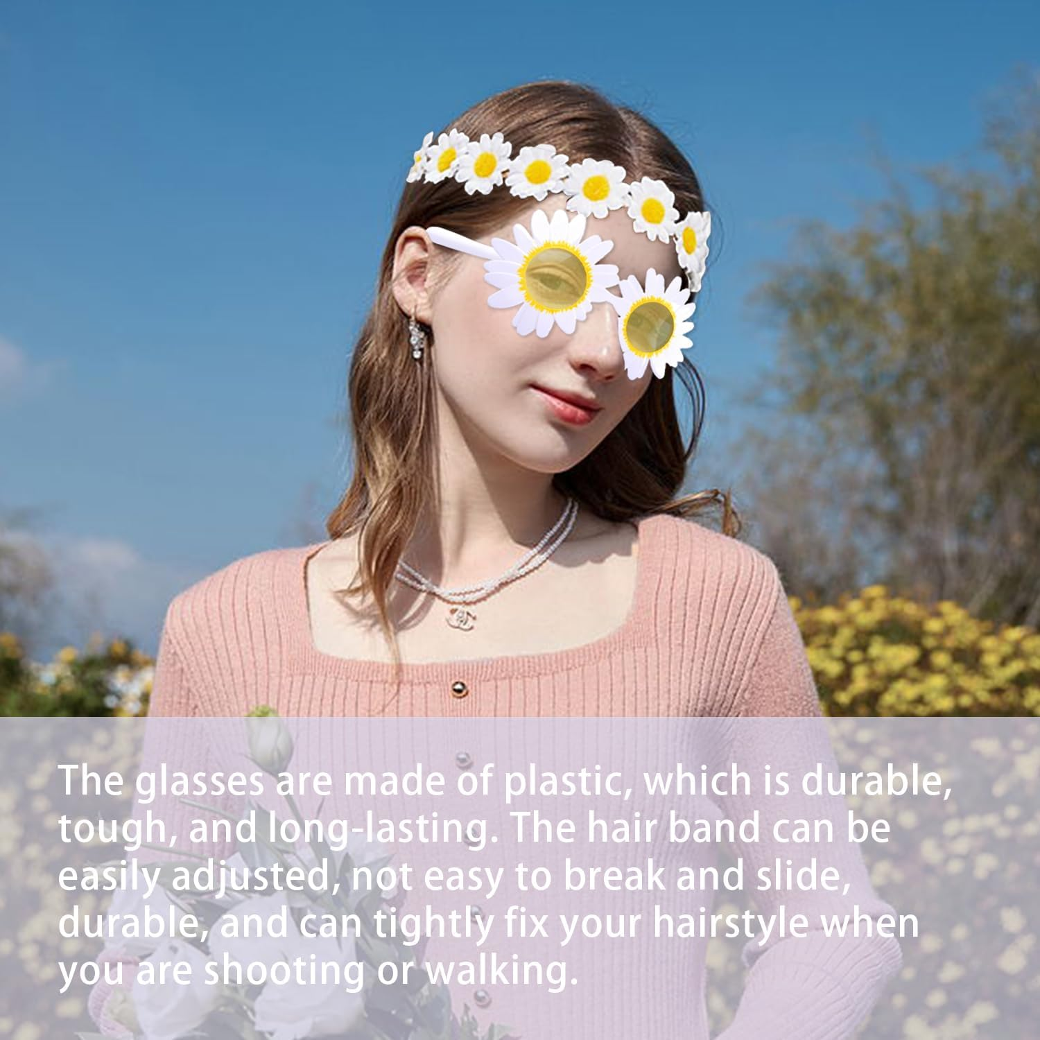 2 Daisy Hair Bands and 2 Glasses with Daisy Flowers, Fashion Garland Hair Band Floral Wreath Daisy Accessories for Women and Girls Elastic Fasteners Adjustable Travel image number 2