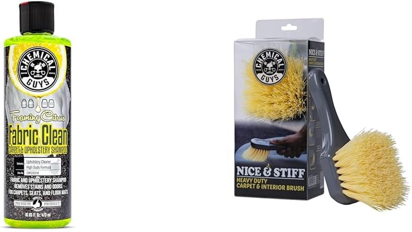 Chemical Guys Foaming Citrus Fabric Clean Carpet & Upholstery Cleaner (473 Ml) + Nice & Stiff Heavy Duty Carpet & Interior Detailing Brush (2 Items)