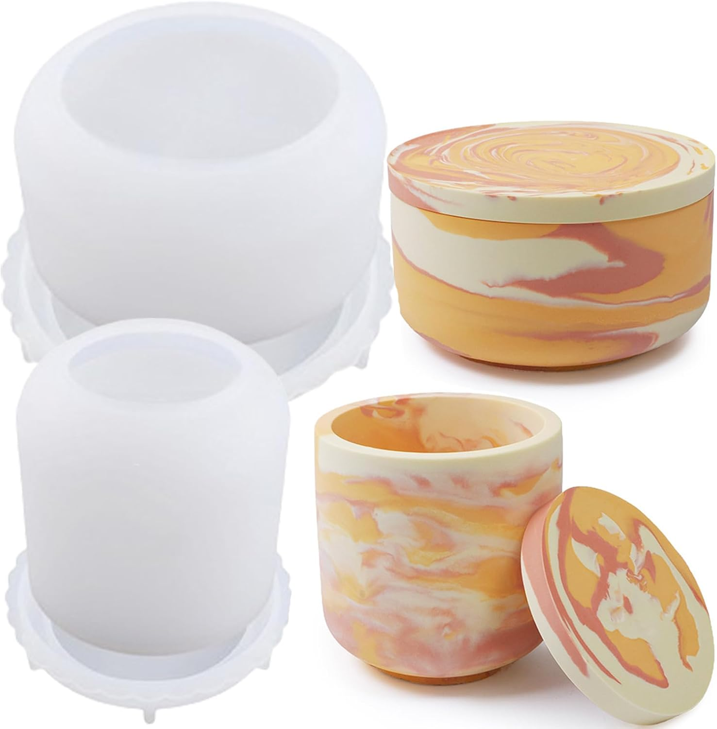 Storage Box with Lids, Silicone Candle Jar Molds Set, Creative Vessels Pot Molds, Concrete round Stripe with Cover Bottle Making Moulds for Holder (I)