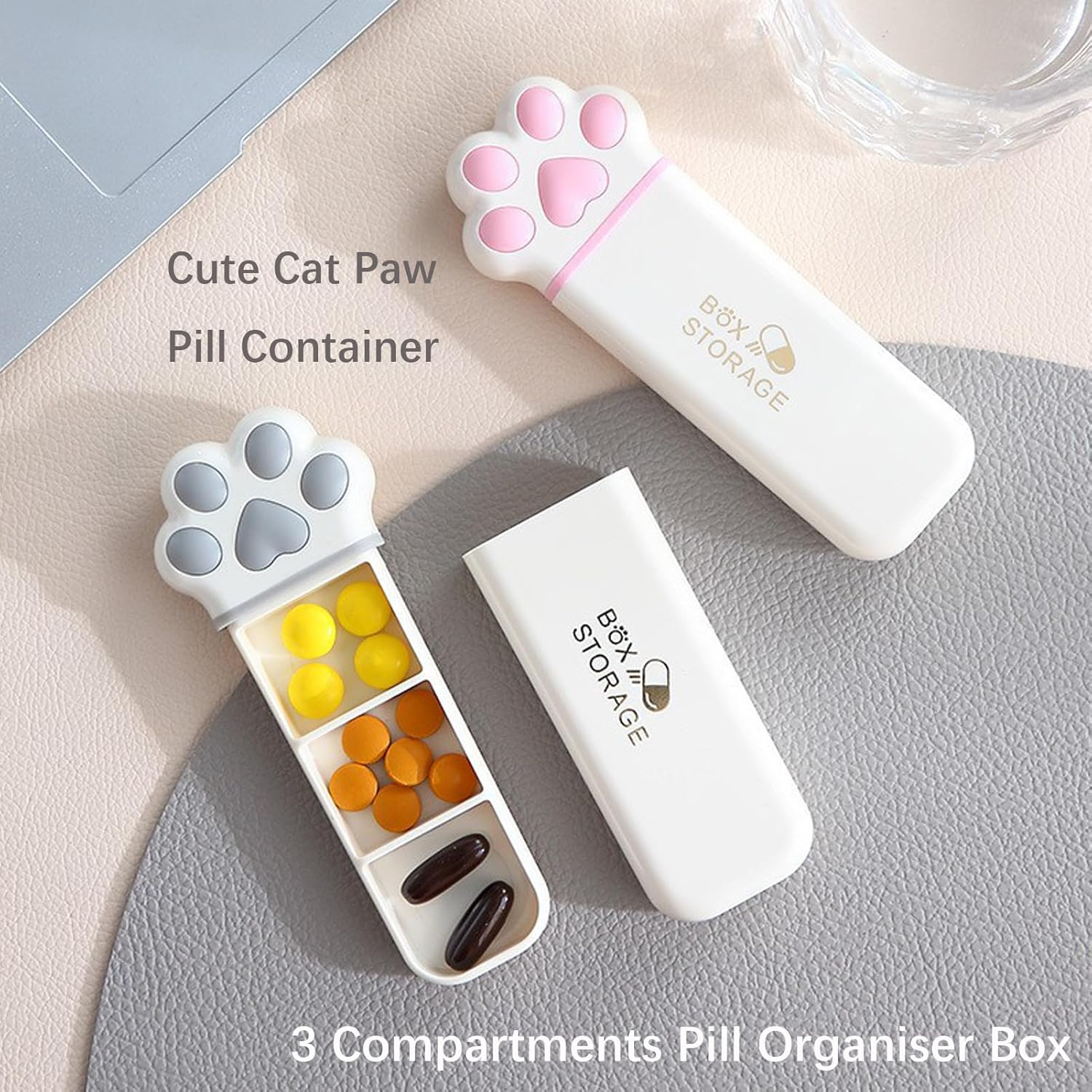 Daily Pill Organiser Box, Cute Cat Paw, 3 Compartments Pill Holder Container, Small Portable Pill Case for Travel Pocket Purse, Kawaii Gift (Pink) - Grey image number 3