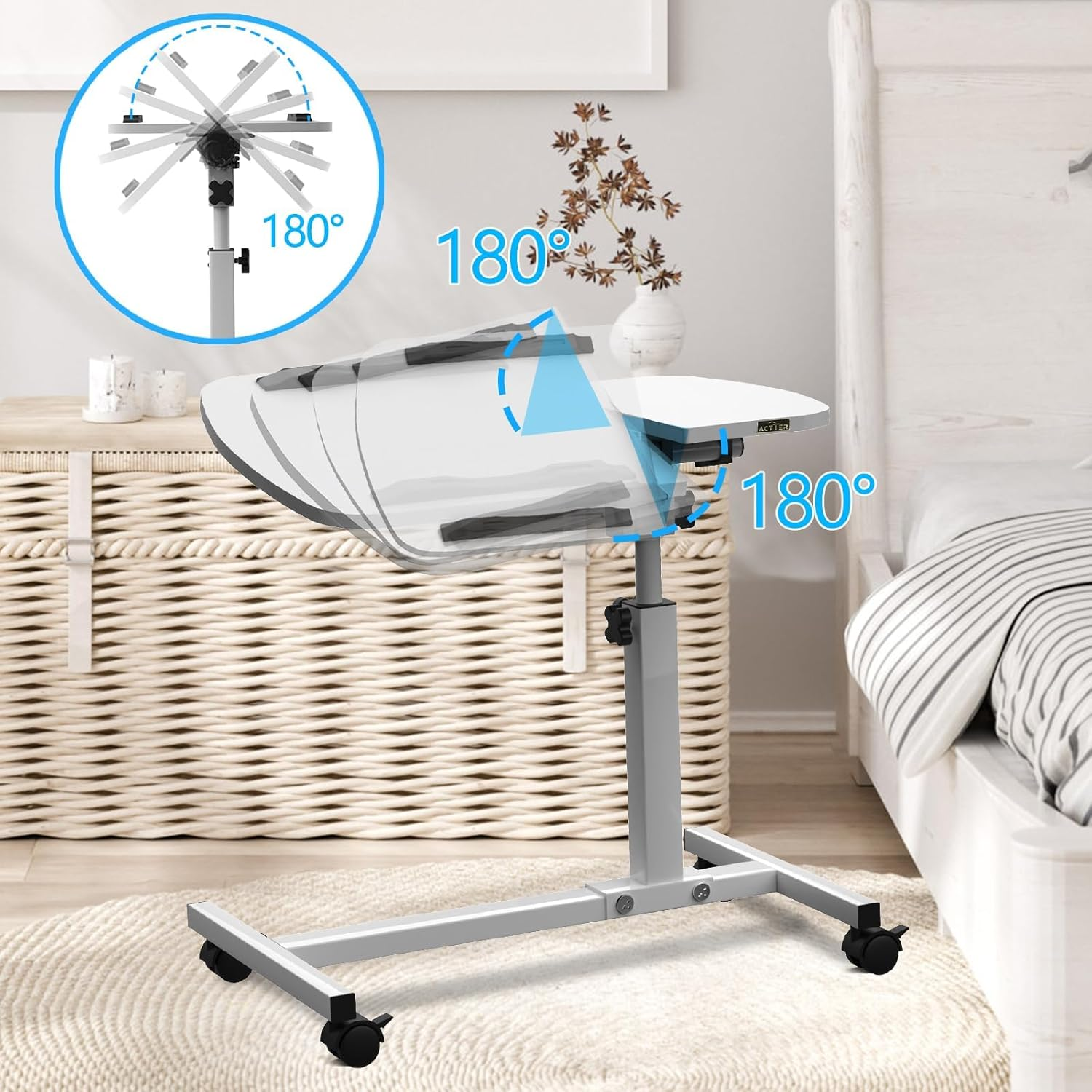Mobile Overbed Table with Wheels, Lifting and Rotating Laptop Desk, Height Adjustable Mobile Standing Desk, Bedside Table for Home Office, Laptop Computer Desk with Tray for Work Study Reading - White image number 6