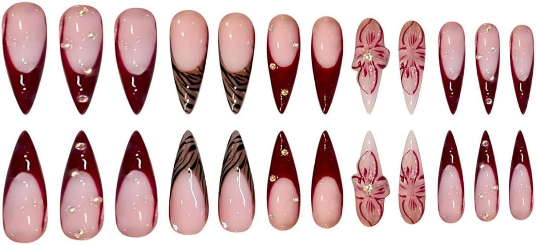 24Pcs Long Press on Nails Stiletto French Brown Pink Flowers Handmade False Nails with Leopard Print image number 6