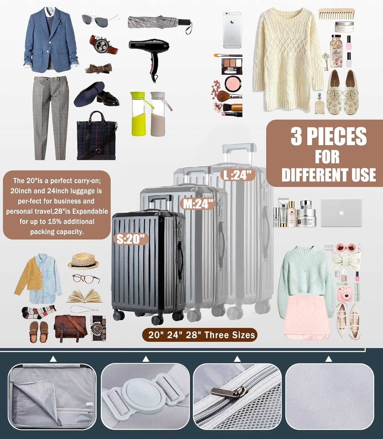 LIODUX 3 Piece Luggage Sets, 20/24/28In Expandable Hardshell Luggage, Hardside Lightweight Durable Carry on Suitcase Sets with Spinner Wheels and Two Hooks (Black) image number 4