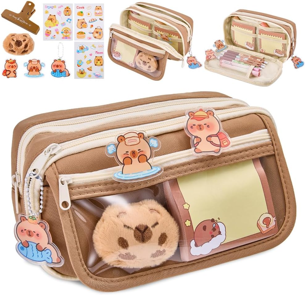 WOTOW Cute Capybara Pencil Case, Large Capacity 9-Compartment Pencil Pouch, Including Plush Brooch, Pendant, Sticker and Clips, Adorable School Supply Gift for Kids Teen Girls Boys Adults image number 4