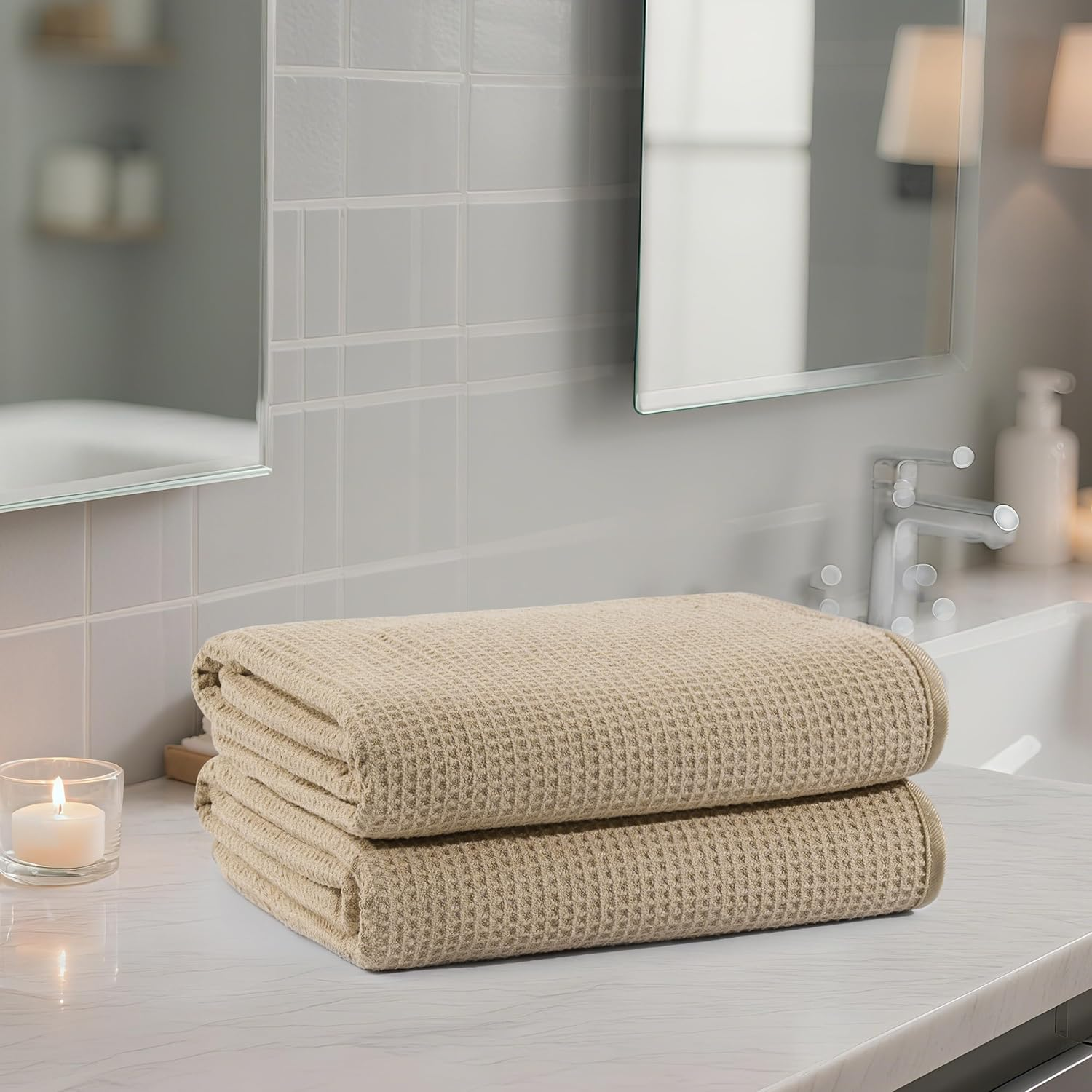 POLYTE 380 GSM Microfibre Oversize Quick Dry Lint Free Waffle Bath Towel for Body, 76.2 X 152.4 Cm, Set of 2 - Blue image number 2