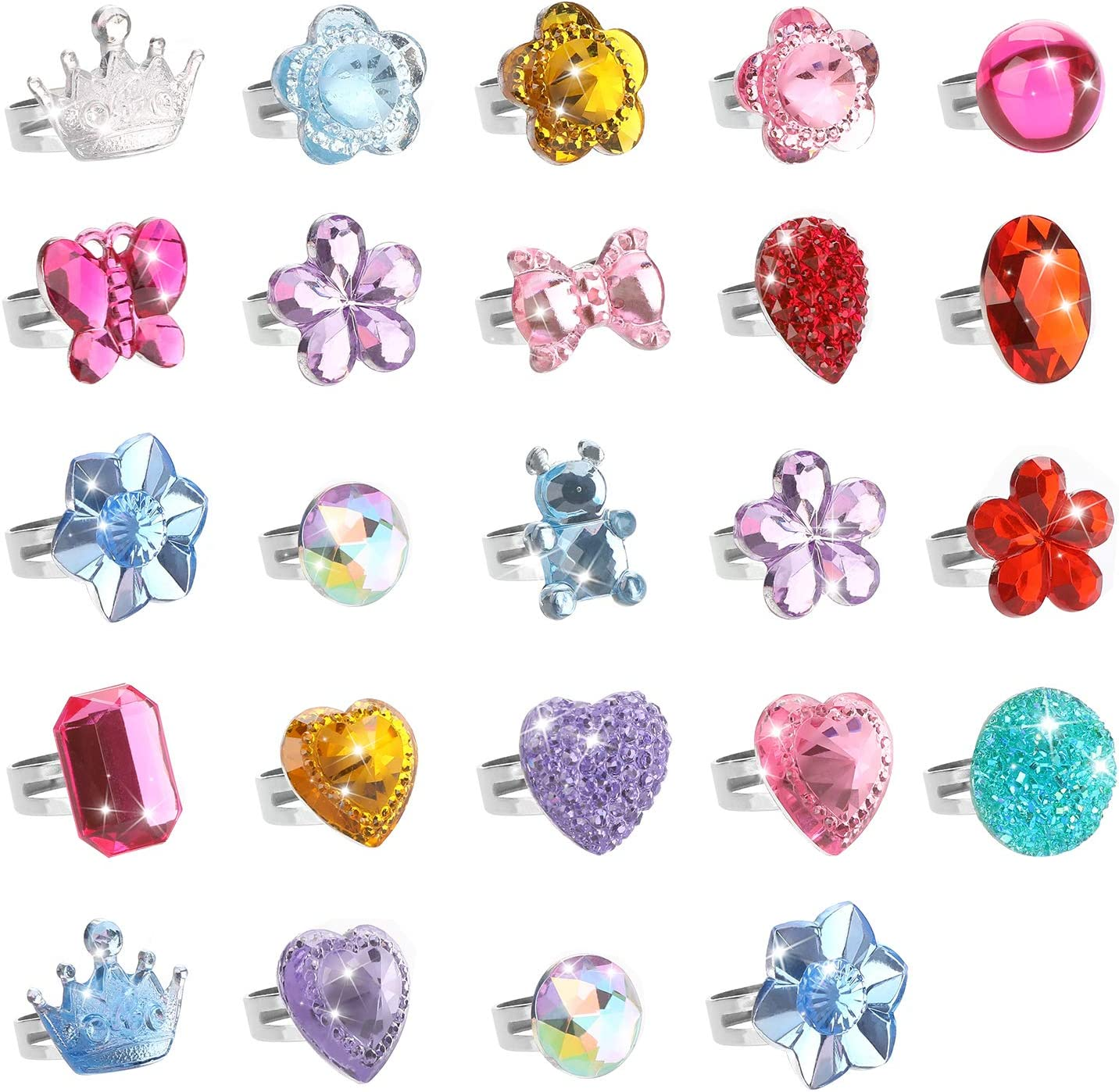 Hifot 24 Pcs Girls Crystal Adjustable Rings, Princess Jewelry Finger Rings with Heart Shape Box, Girl Pretend Play and Dress up Rings for Children Kids Little Girls - Random image number 4
