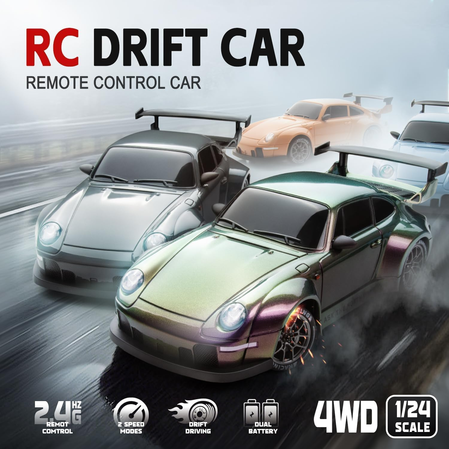 RC Drift Car, 1:24 Scale Remote Control Vehicle with LED Lights, 2.4Ghz 20KM/H 4WD High Speed RC Cars, Drifting Tires＆Two Batteries, Racing Sports Toy Idea Great for Adults Boys Girls and Kids image number 1