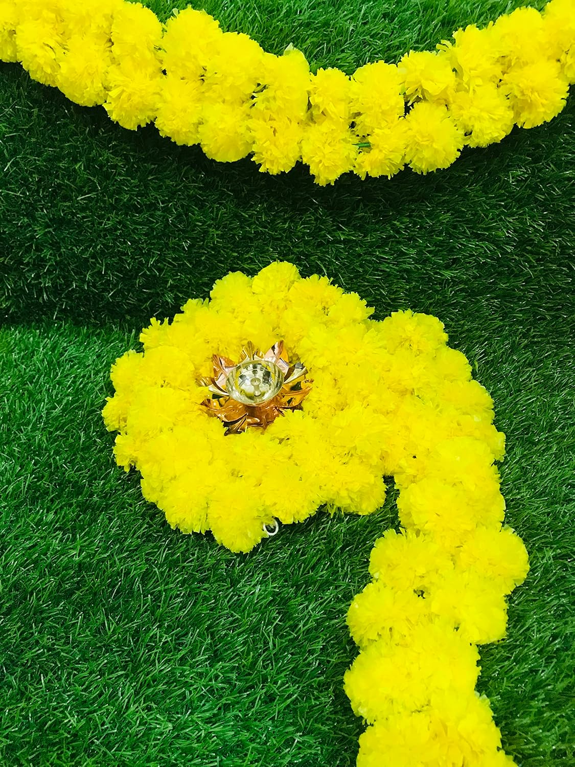 Artificial Marigold Flowers 5 String Decorations Garlands Party Genda Phool Mala 5 Feet Long, for Parties Wedding Decoration, Home Decoration (Pack of 5) (Yellow) image number 5