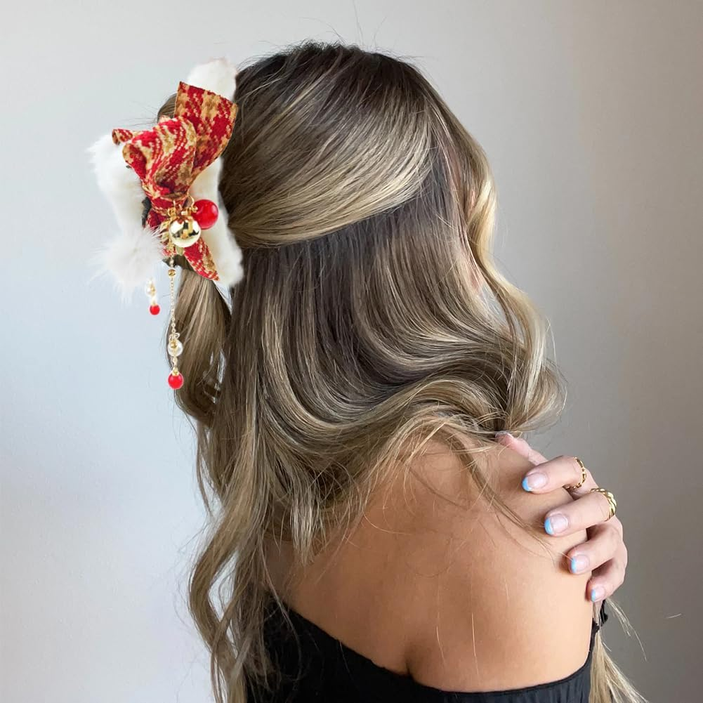 2 PACK Plush Hair Claw Clips with Tassels, Xmas Plaid Bows Hairpins Nonslip Claw Clip with Bells for Women Christmas Hair Claws