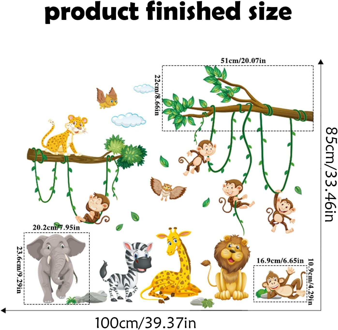 Large Jungle Animal Wall Decals, Animal Party Windows for Early Education Children'S Room, Nursery Decorated with Giraffe Elephant Monkey Tree Branches image number 1