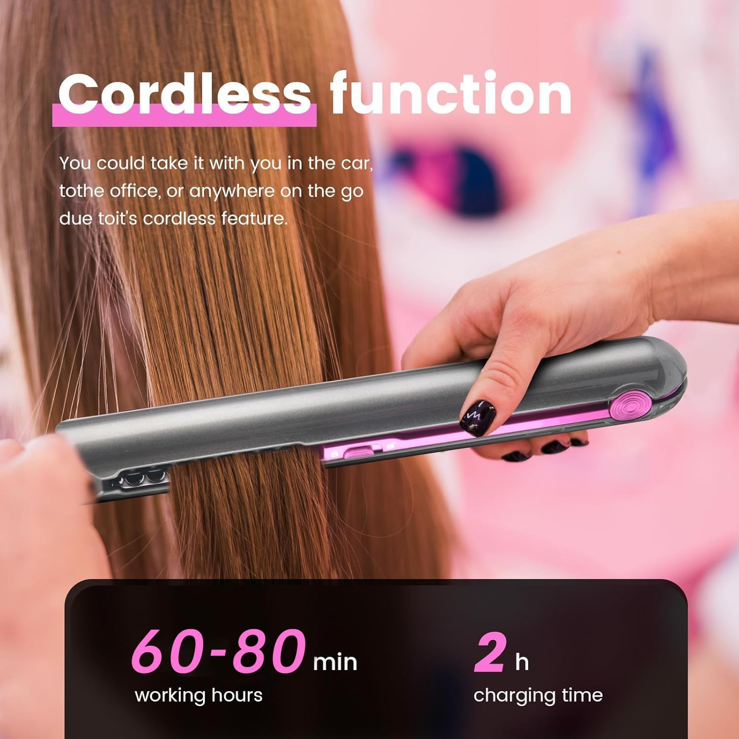 Cordless Mini Hair Straightener and Curler for on the Go, 80 Min Work Period, AU Profesional Mini Flat Iron Portable Travel Size,Rechargeable with Charging Dock for Thin Straight Fine Hair image number 6