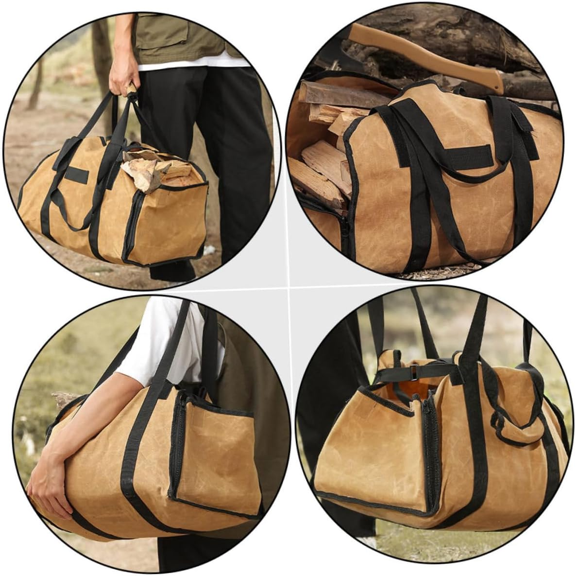 Firewood Storage Bag Canvas Tote Large Capacity Wood Carrier Handheld Firewood Pouch for Outdoor Camping and Fireplace Khaki Log Holder