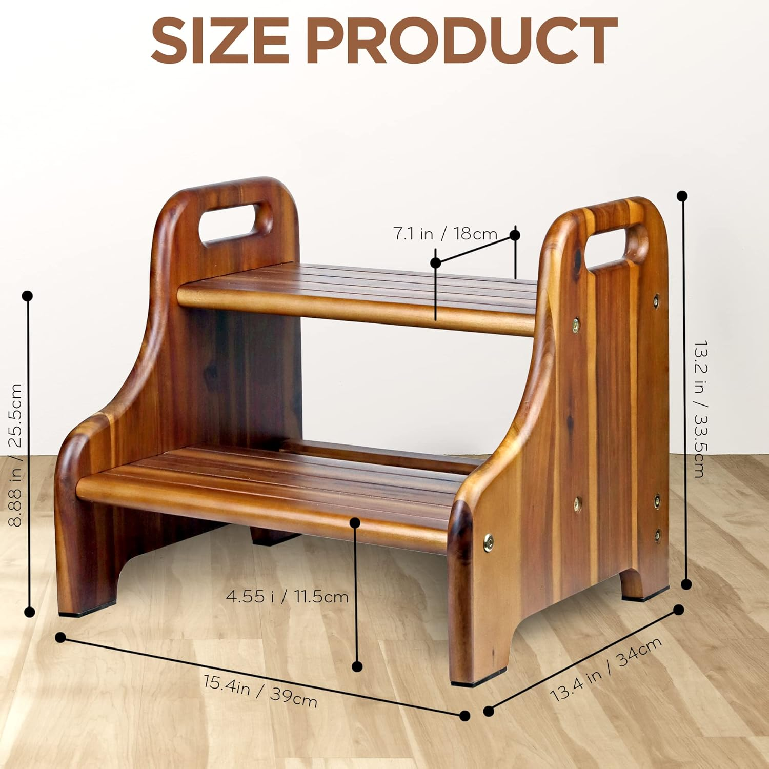 Wood Step Stool for Kids and Toddlers, Natural Acacia Solid Wood, Portable 2 Handles, Wider 2 Steps, Safe Non-Slip Bottom, Rounded Corners, Supports up to 300 Lbs, Perfect for Children (Natural) image number 3