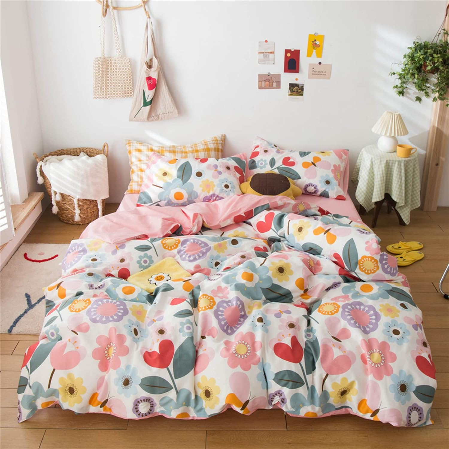 Floral Duvet Cover Set Twin Size Kids Pink 100% Cotton Aesthetic Bedding Sets Girl Women 3 Pieces Floral Branch Comforter Cover with Zipper Ties Garden Bedding Cover