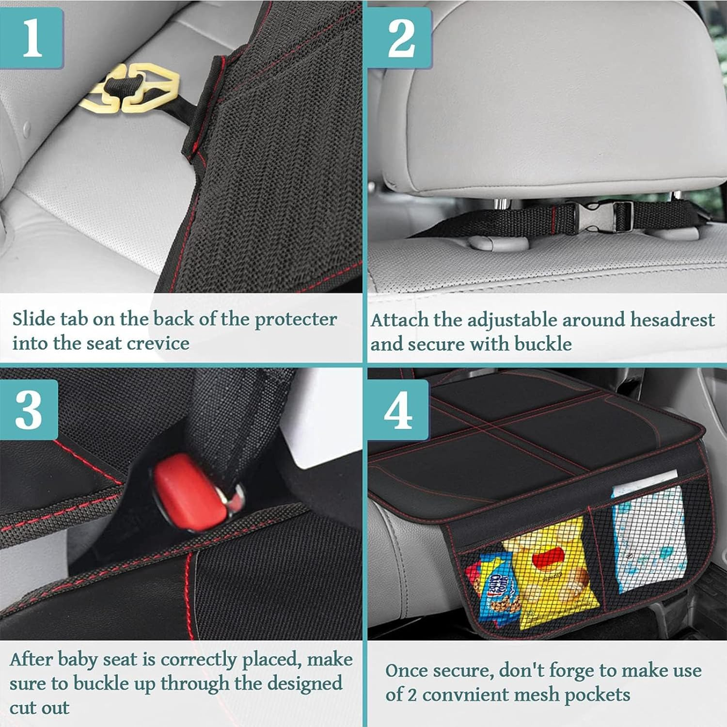 Car Seat Protector, 2 Pack Seat Protector Carseat with Thickest Padding, Baby/Pets Car Seat Protector for Child Car Seat-Mesh Pockets-Waterproof-Universal Size(Black) image number 6