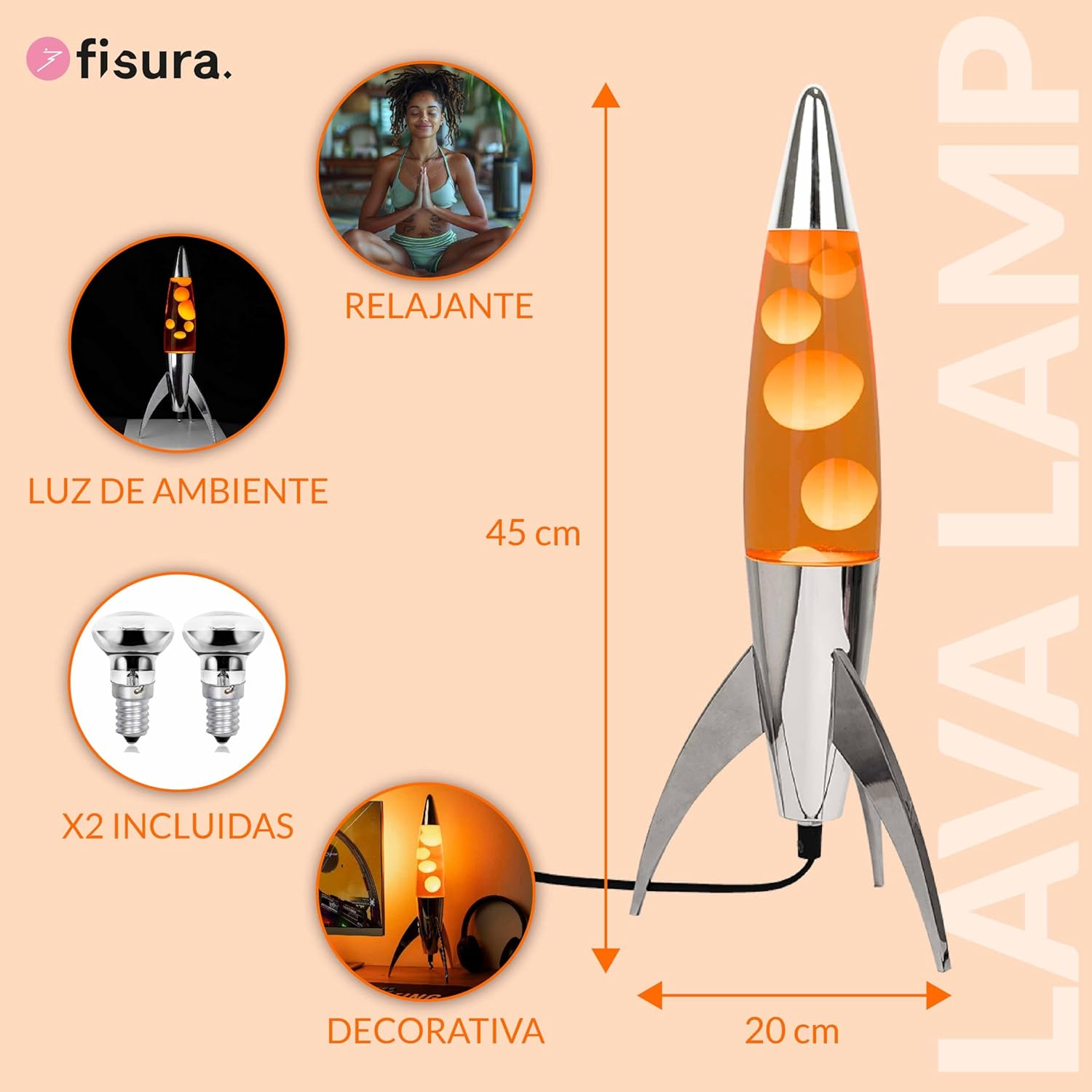 Fisura - Rocket Orange Lava Lamp, Chrome Base, Orange Liquid, 45Cm - Rocket, R&ouml;tt image number 5