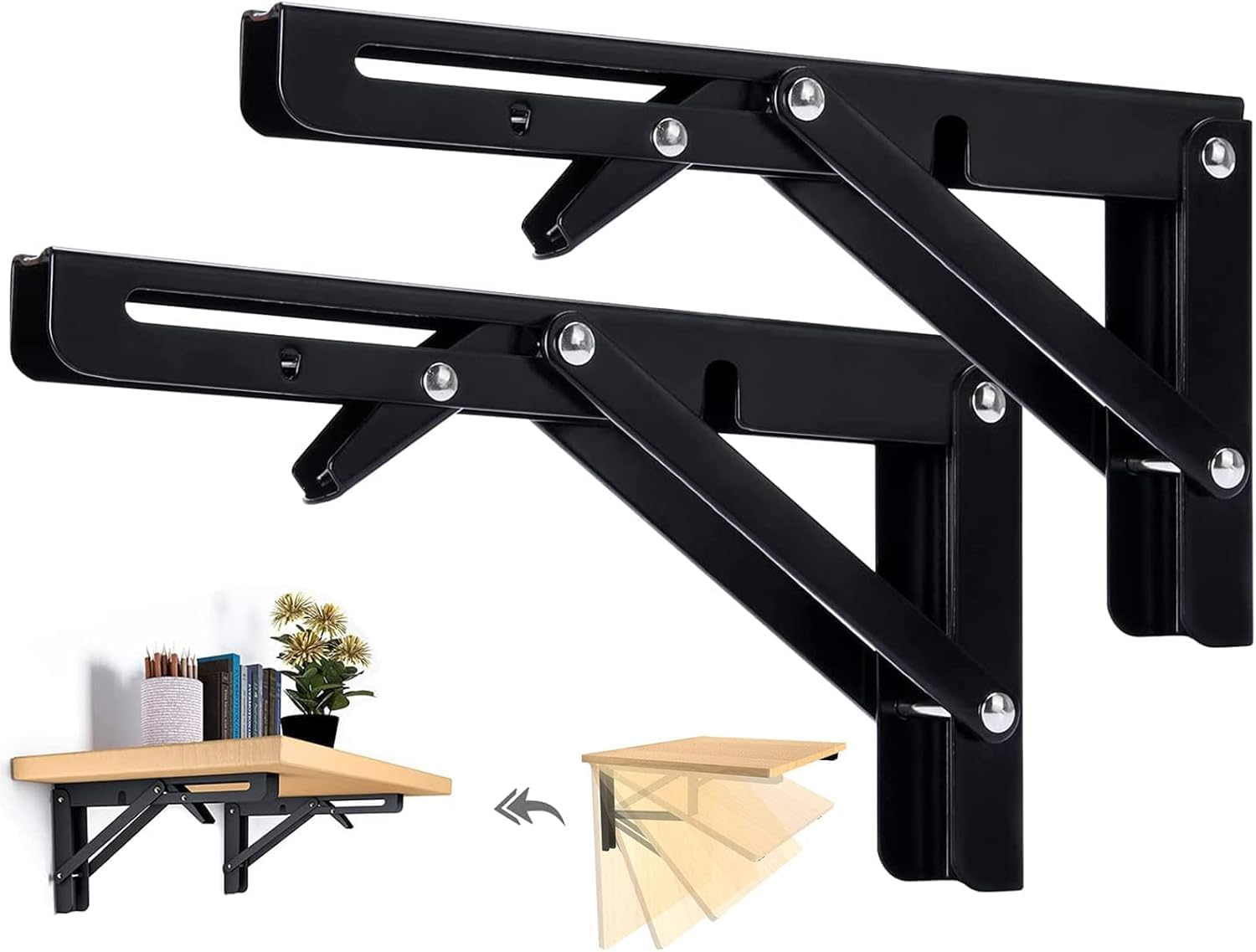 2 PCS Folding Shelf Bracket Heavy Duty, 10'' Stainless Steel Collapsible Wall Mounted Space Saving DIY Bracket for Table, Work Bench, Max Load: 150 Lb (Include Screws) image number 2