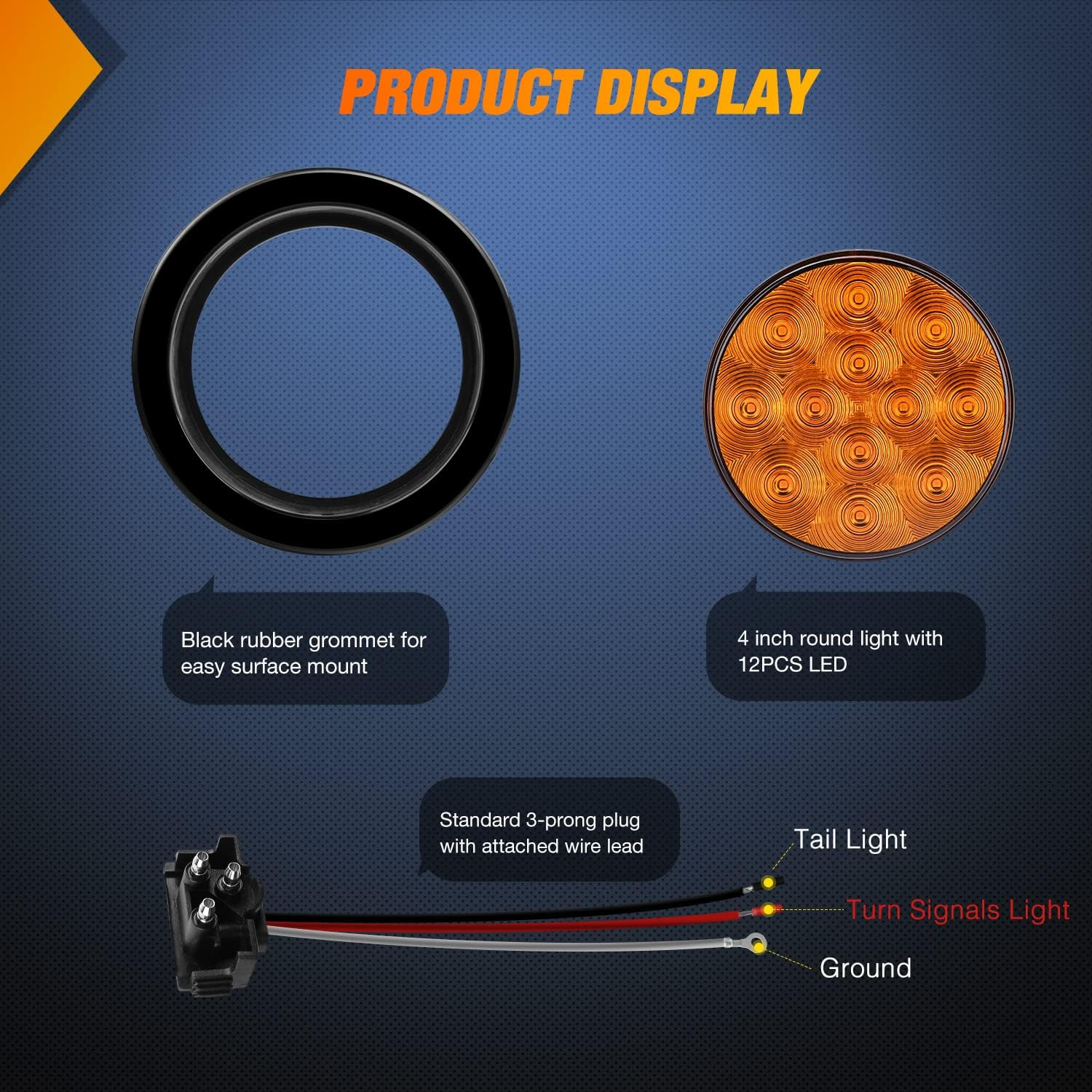 Nilight 2Pcs LED Trailer Tail Lights 4Inch 12LED round Amber Turn Signal W/Surface Mount Grommet Plugs IP67 Park Stop Brake Marker Light for RV Truck Trailer Jeep UTE UTV 12V image number 6