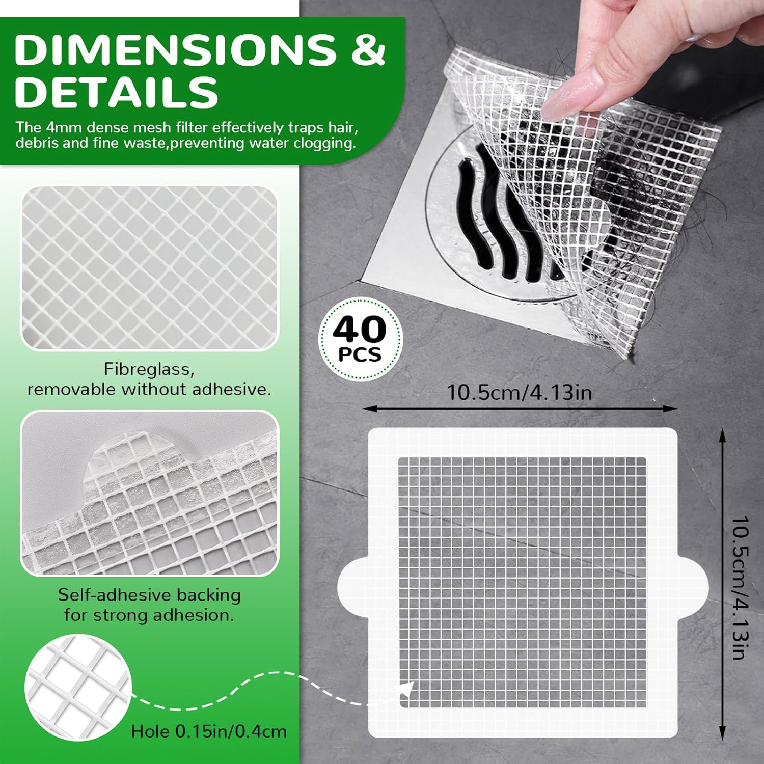 Bagentry 40 Pack Disposable Shower Drain Hair Catcher Square, 4.1 in Mesh Drain Covers Stickers, Flat Shower Hair Trap Stopper Collector Filter for Bathroom Laundry Bathtub Sink Kitchen White image number 5