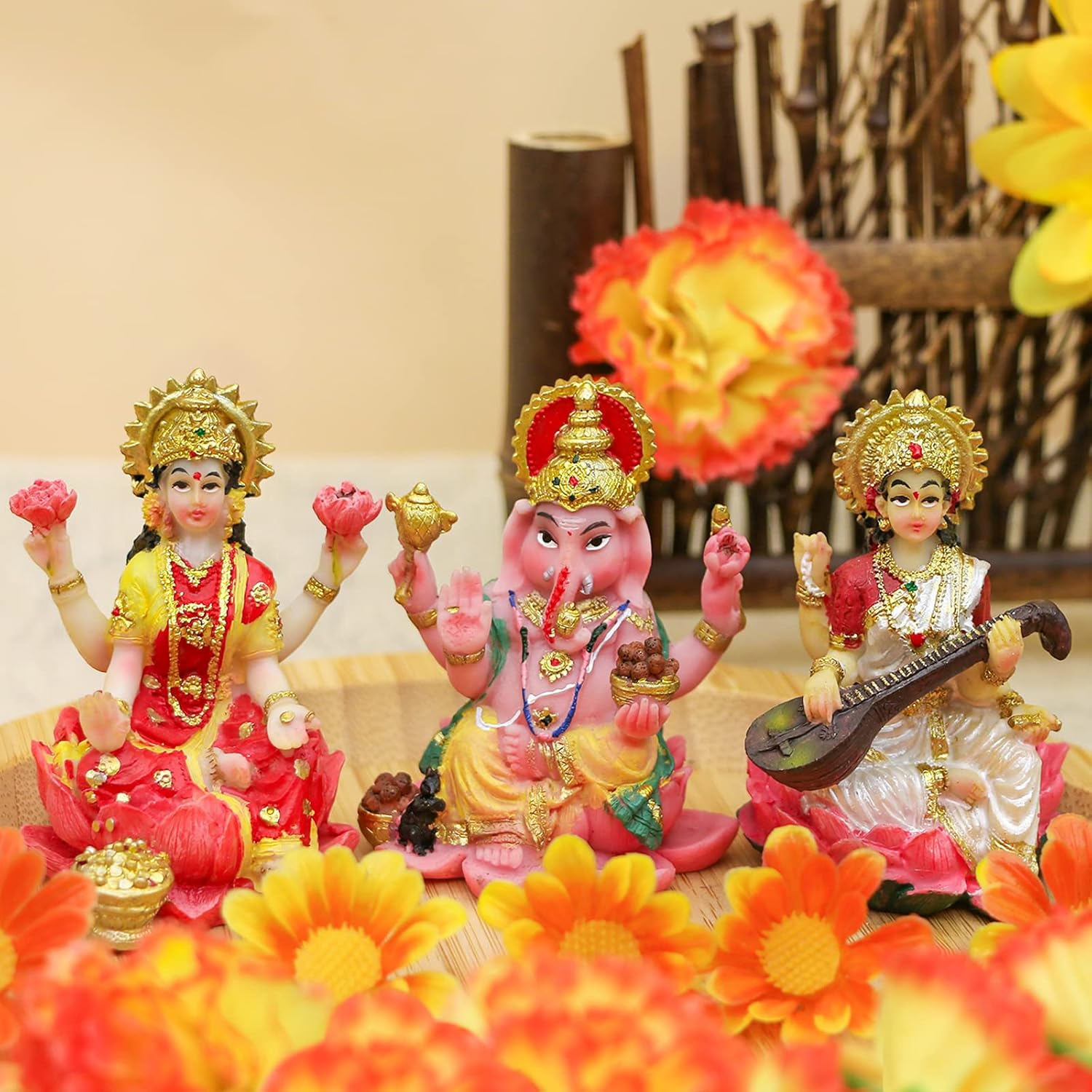 Hinduism Lakshmi Ganesha Saraswati Statue - Hindu Laxmi Lord Ganesh Idol Figurine Home Temple Mandir Pooja Item Indian Puja Decoration Diwali Home Decoration Items Gift（There Are Three Products） image number 1