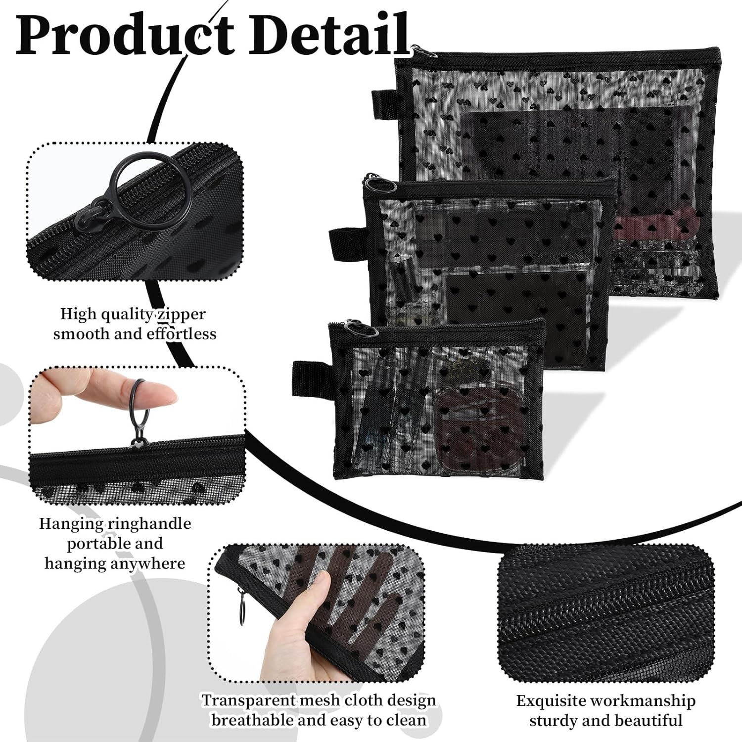 Classicseali Pack of 3 Nylon Cosmetic Bag, Mesh Bag, Small, Mini Mesh Bag with Zip, 3 Sizes Mini Toiletry Bag for Organisation, Black Cosmetic Bag Small for Travel, Storage, Home image number 6