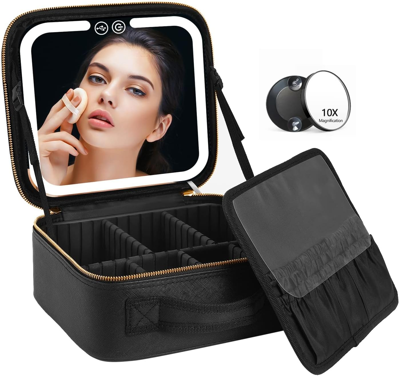 Travel Makeup Bag with LED Lighted Make up Case with Mirror 3 Color Setting Cosmetic Makeup Box Organizer Vanity for Women Beauty Tools Accessories Case Rechargeable, Black, Travel Makeup Bag image number 2