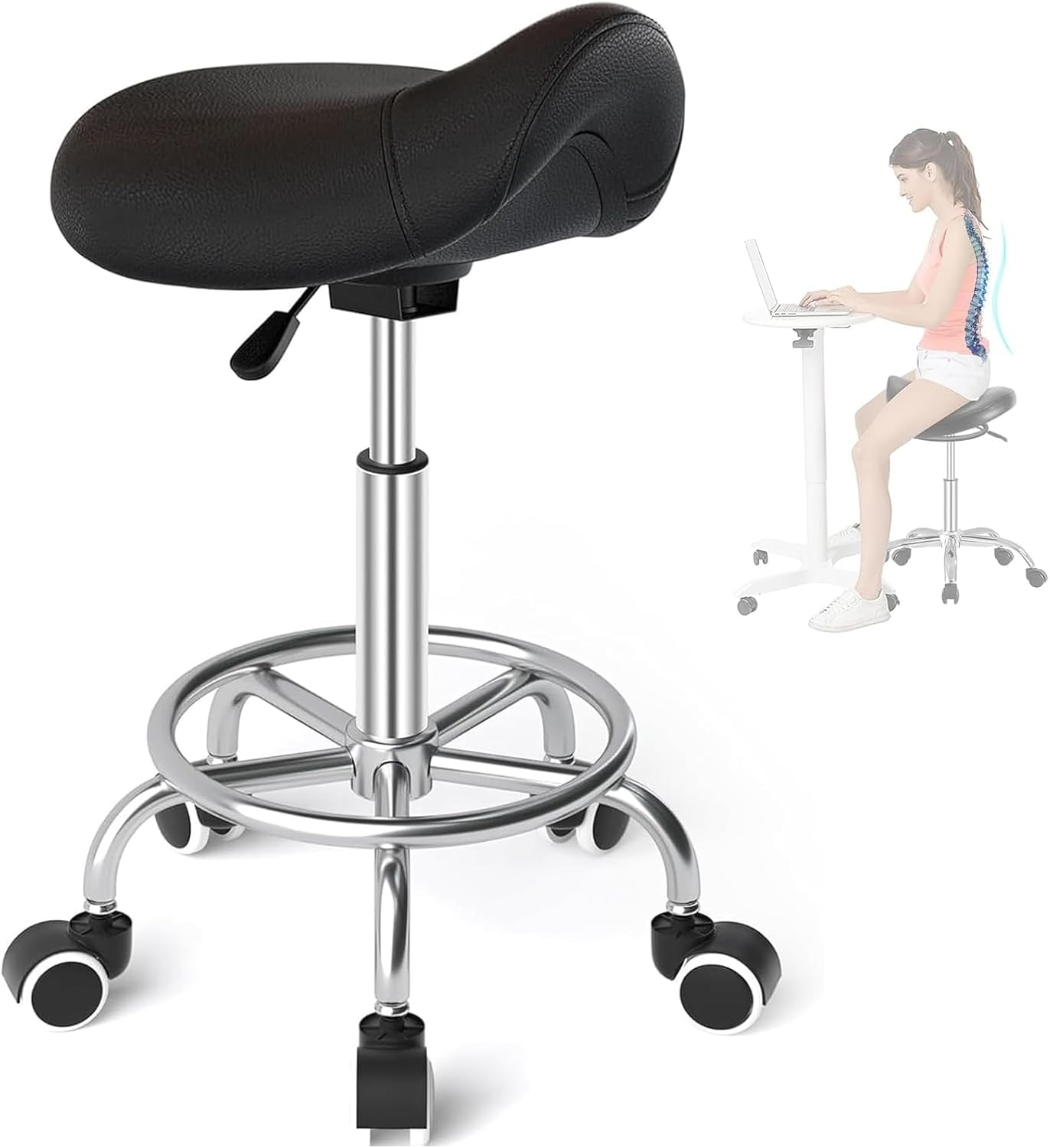 Rolling Stool Chair PU Leather Height Adjustable Swivel Drafting Work SPA Shop Medical Salon Stools with Wheels Office Chair,Black image number 4