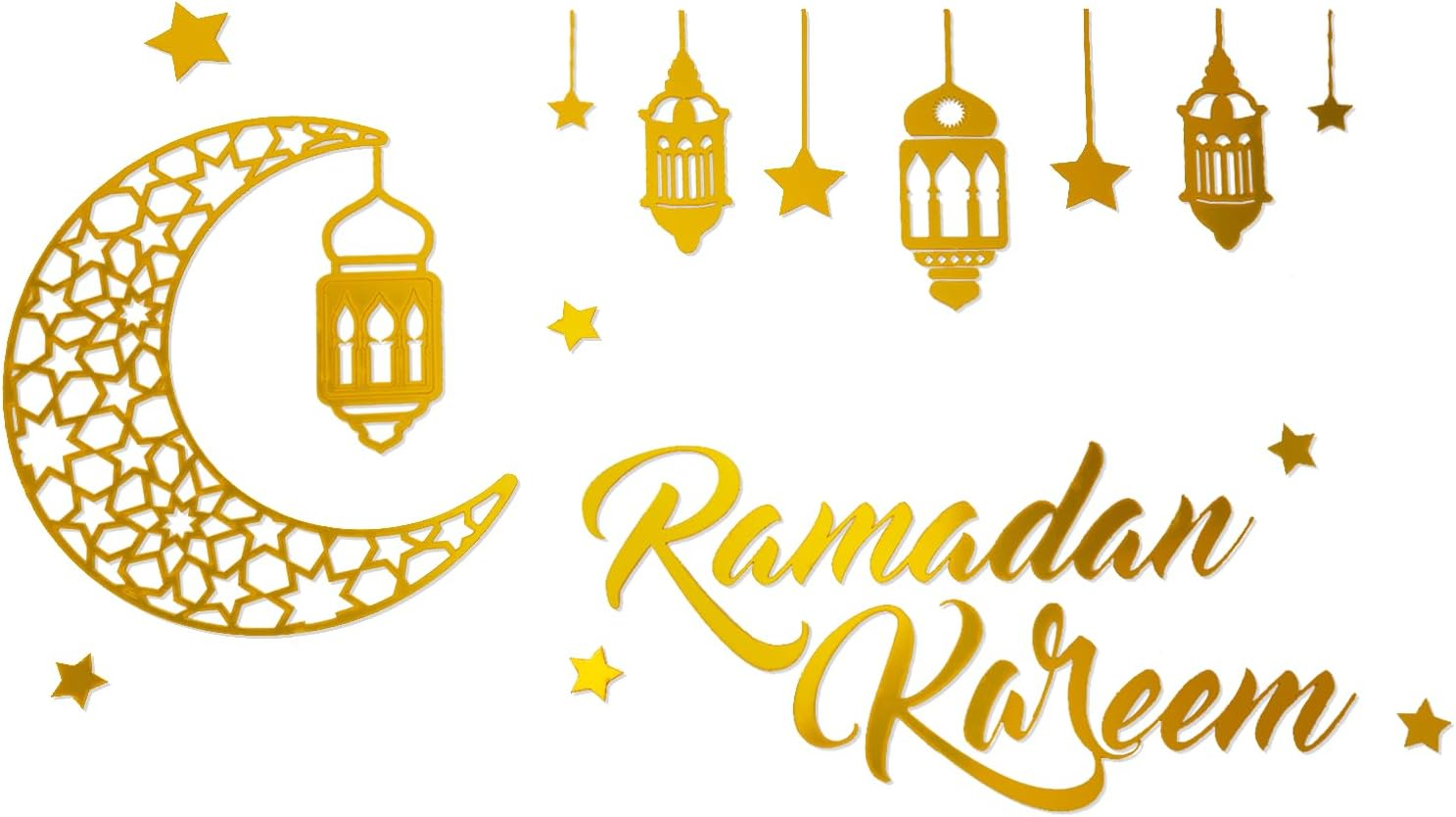 Fiohiros Gold Acrylic Ramadan Decorations Sticker Wall, Mirror Ramadan Wall Stickers with Adhesive Art Decal, Eid Mubarak Wall Art Decoration for Bedding Room Wall Decoration (Gold Star Moon)