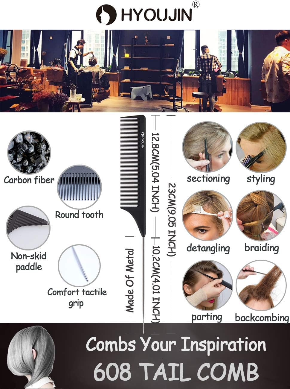 HYOUJIN 608 Black Carbon Rat Tail Combs Pin Tail Comb 100% anti Static 230℃ Heat Resistant Metal Parting Combs with Non-Skid Paddle for Hair Styling - Black image number 3