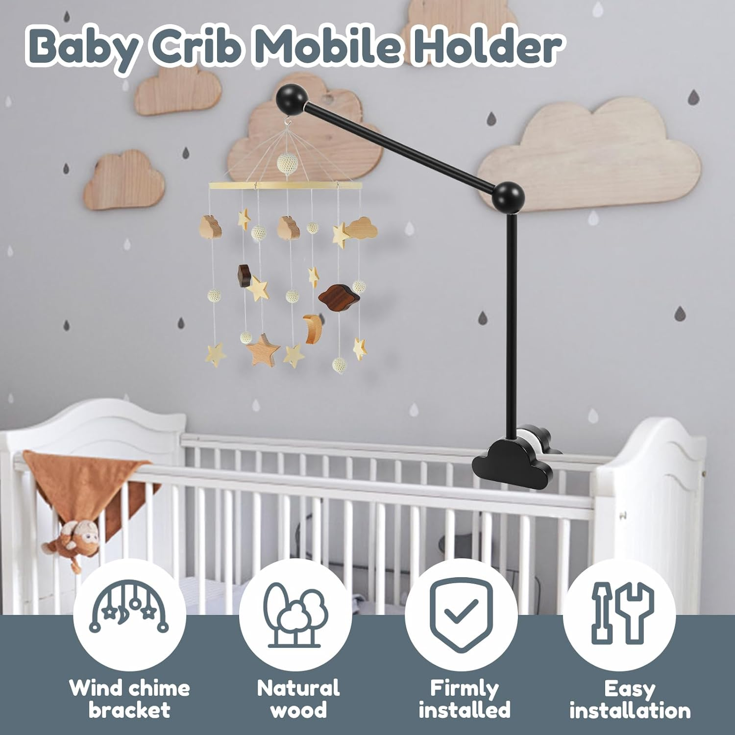 Crib Mobile Arm, Easy Installation Crib Mobile Holder Hanging Attachment Set with No Slip Rubber for Newborn Family image number 2