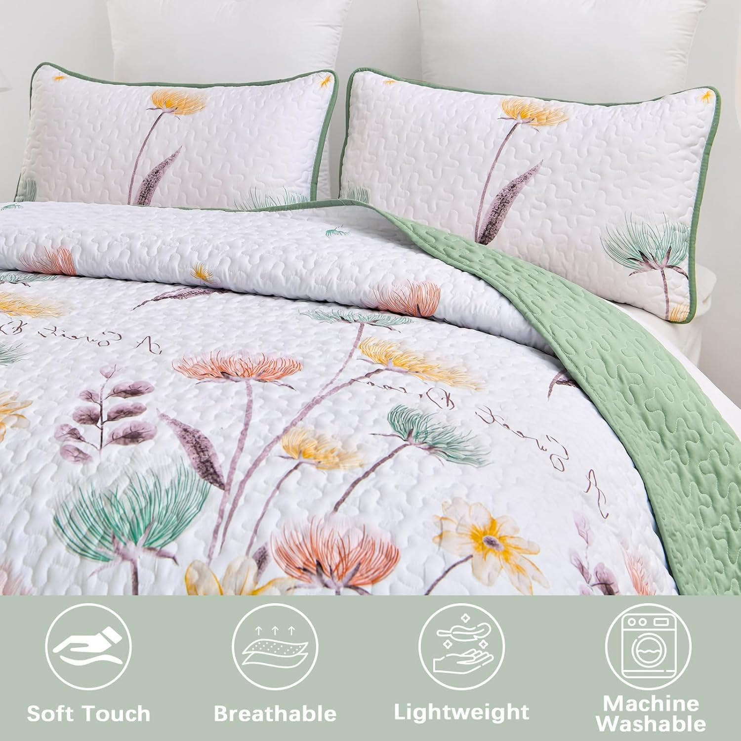 Floral Quilt Set Queen Size,Sage Green Bedspread Coverlet Botanical 3 Pieces Fall Quilts Microfiber Lightweight Bedspreads White Soft Reversible Bed Cover Sets for All Season(Queen, 90"X96") image number 5