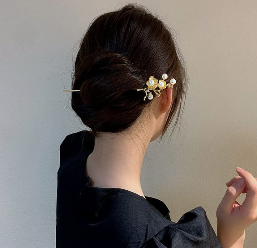 Pearls Hair Stick Pins Chopsticks for Hair Accessories for Women Girls Gold Flower Chinese Hairpin Hair Sticks for Buns Chinese Wedding Hair Pins for Women image number 2
