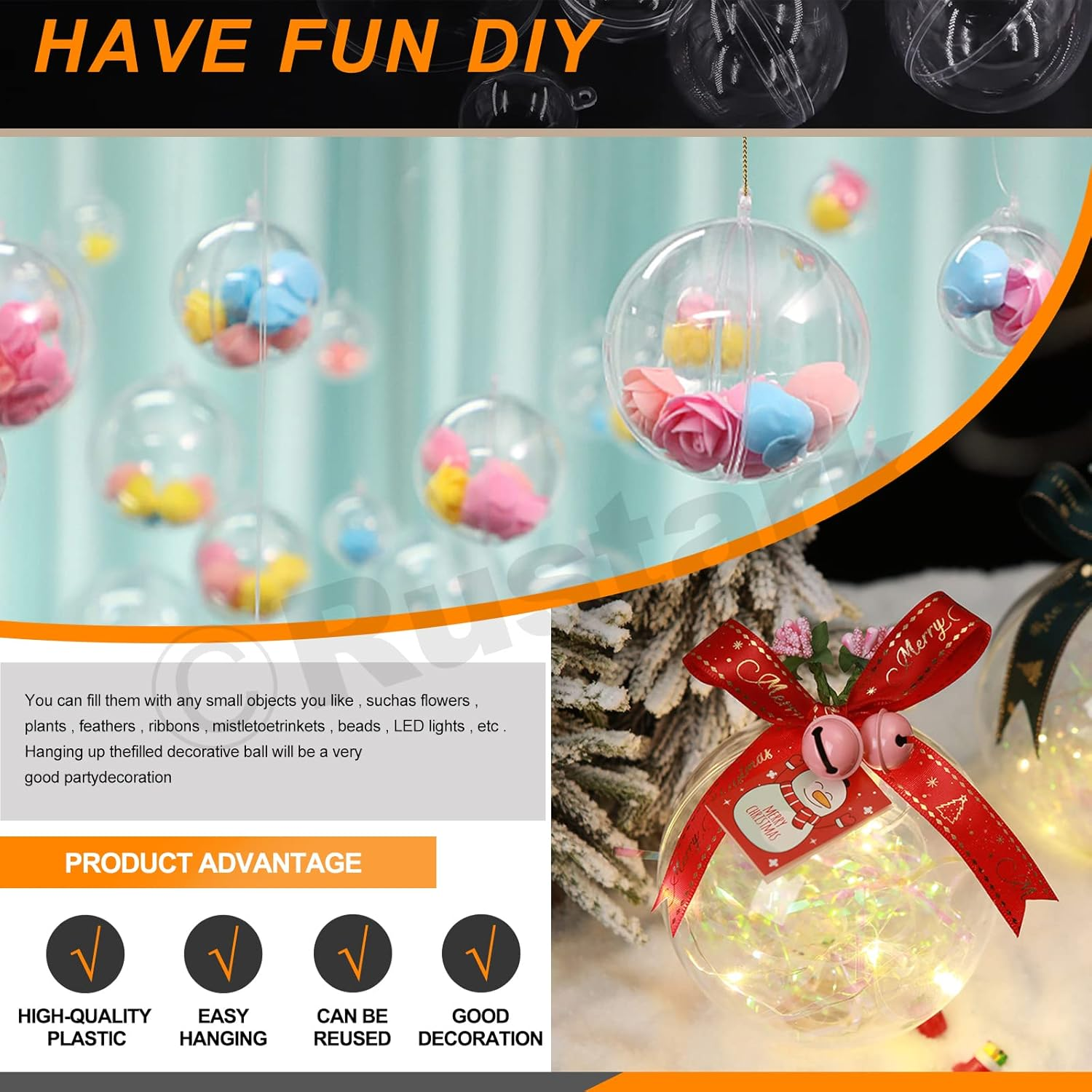 35Pcs Clear Plastic round Fillable Balls Christmas Ornaments DIY Craft Balls Assortment Kit Fillable Decor for Wedding Christmas Crafts Decoration (Round-4,5,6,7,8Cm Dia.) image number 1