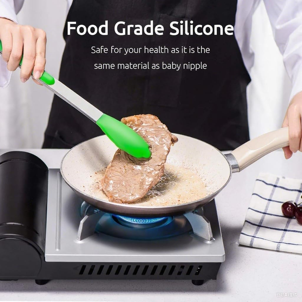 3Pcs (7", 9" & 12") Set Silicone Heat Resistant Kitchen Tongs,Premium Locking Cooking Tongs with Silicone Tips, Non-Slip Food Tongs for Cooking, Non-Stick, Stainless Steel Handle (Grass Green) - Grass Green image number 2