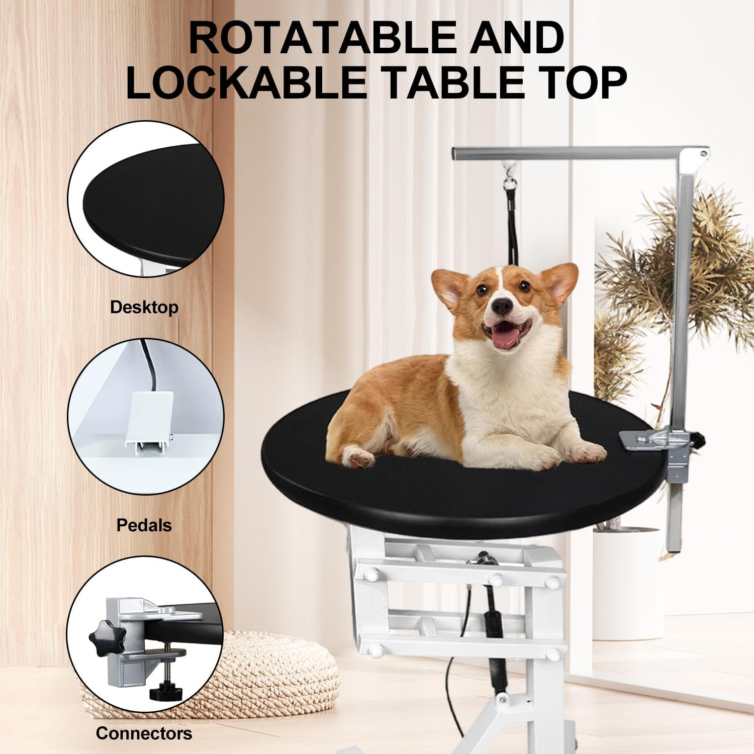 Pneumatic Lift Pet Grooming Table, Rotating Desktop Grooming Table, round Dog Cat Trimming Station with Toolbox Adjustable Overhead Arm and Table Height Max Load 110Lbs image number 3