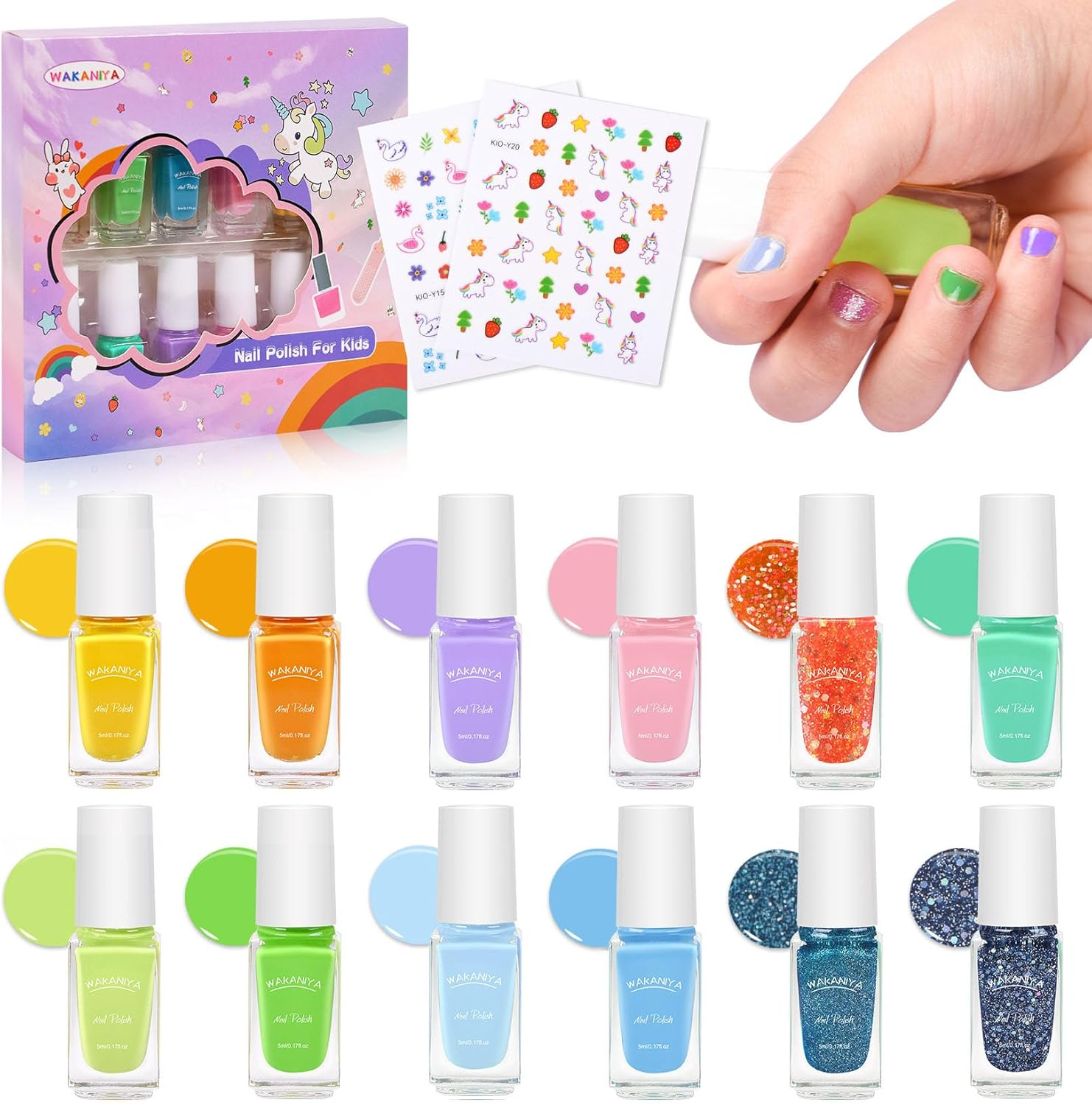Wakaniya Kids Nail Polish Set - 12 Colors Mermaid Candy Girls Kit for Toddler, Non-Toxic Water-Based Peel-Off Quick Dry, Low Odor Safe Nail Art Set for Girls 3+