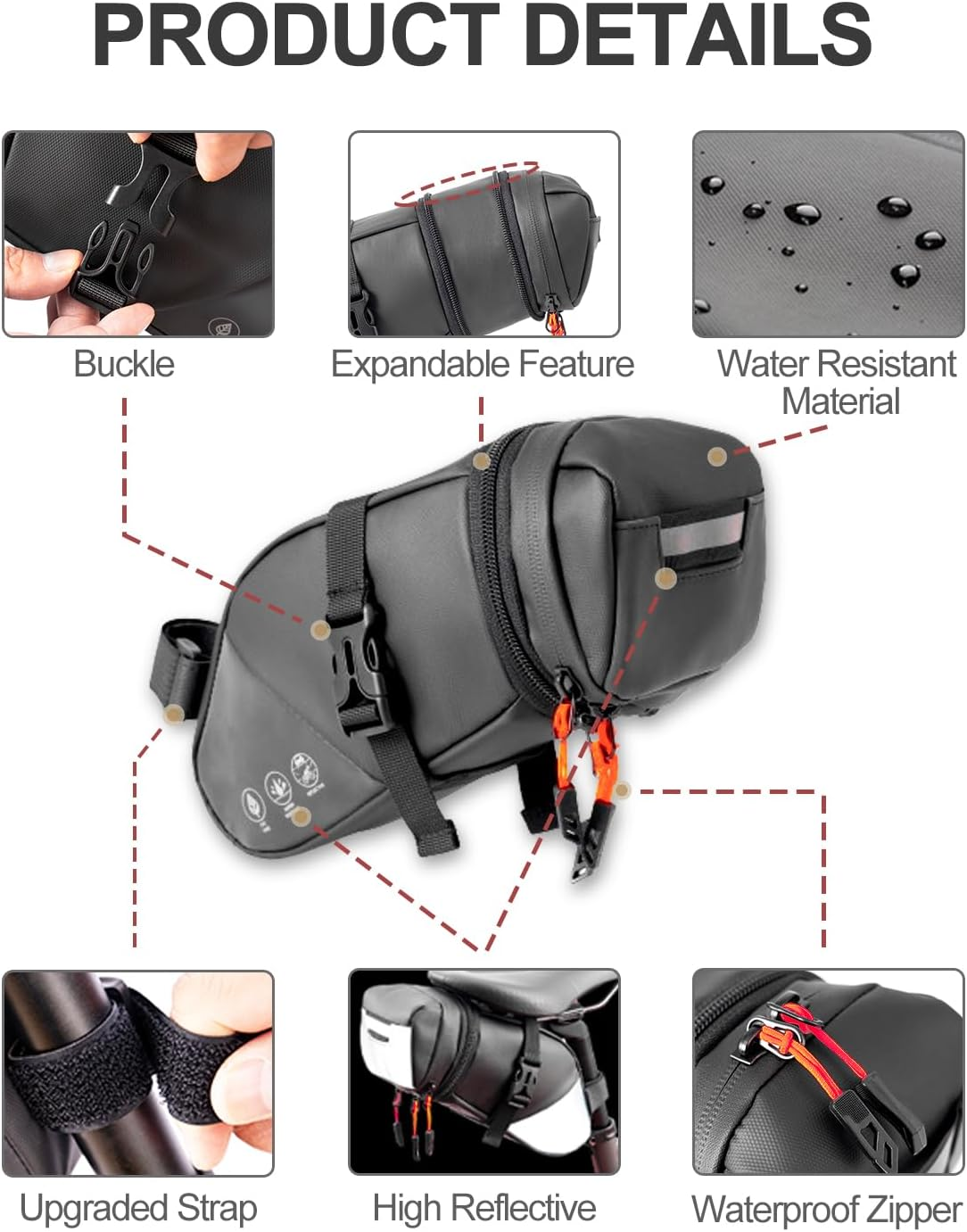 Bike Seat Bag, Waterproof Bicycle Saddle Bag, Expandable Capacity Cycling under Seat Pouch 1.5-2L, Bike Seat Pack for Mountain Road Bikes and Commuter image number 2