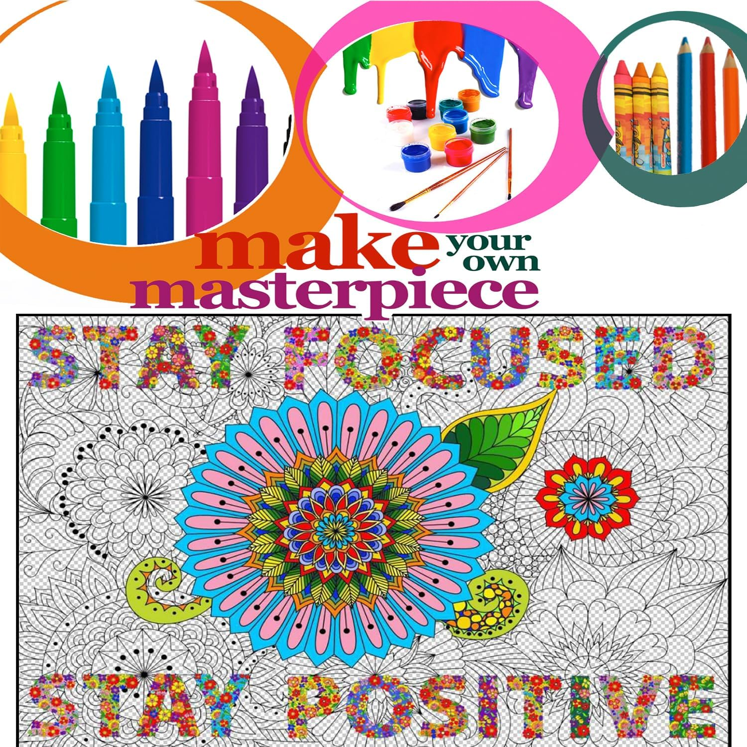 Large Coloring Posters for Adults and Kids - Giant Coloring Poster Motivational - Jumbo Wall Poster Coloring - Huge Adult Coloring Poster Size - Big Coloring Poster for Classroom Office Team Work - Flowers image number 1