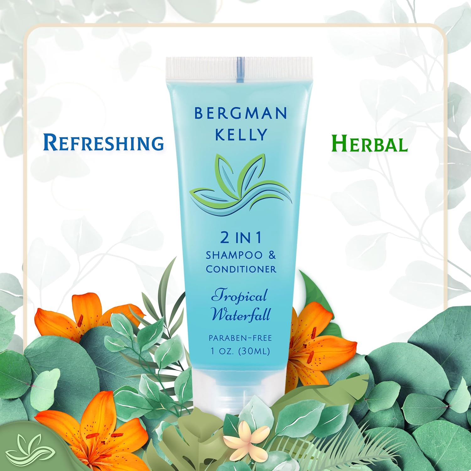 BERGMAN KELLY round Soap Bars, 2In1 Shampoo & Conditioner 2-Piece Set (Tropical Waterfall, 1 Oz Each, 100 Pc), Delight Your Guests with Revitalizing & Refreshing Sanitary Toiletries & Hotel Amenities image number 1