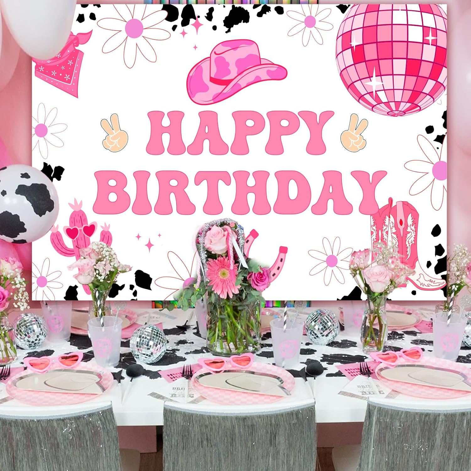 7 * 5Ft Disco Cowgirl Birthday Party Backdrop Decorations Space Cowgirl Birthday Party Decorations Last Disco Western Cowgirl Happy Birthday Backdrop with Groovy Disco Ball Decor for Girl