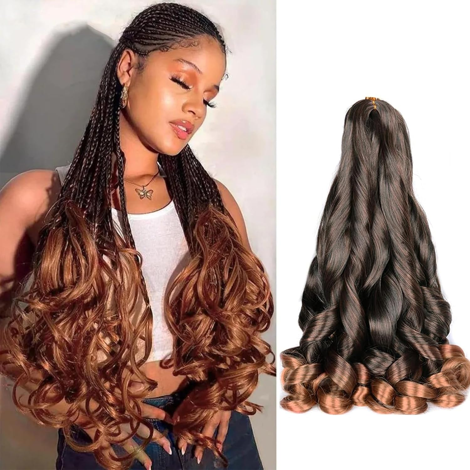 French Curls Braiding Hair 24 Inch 8 Packs Pre Stretched Loose Wave Bouncy Braiding Hair Spanish Curly Ends Synthetic Hair Extensions for Braiding (1B)