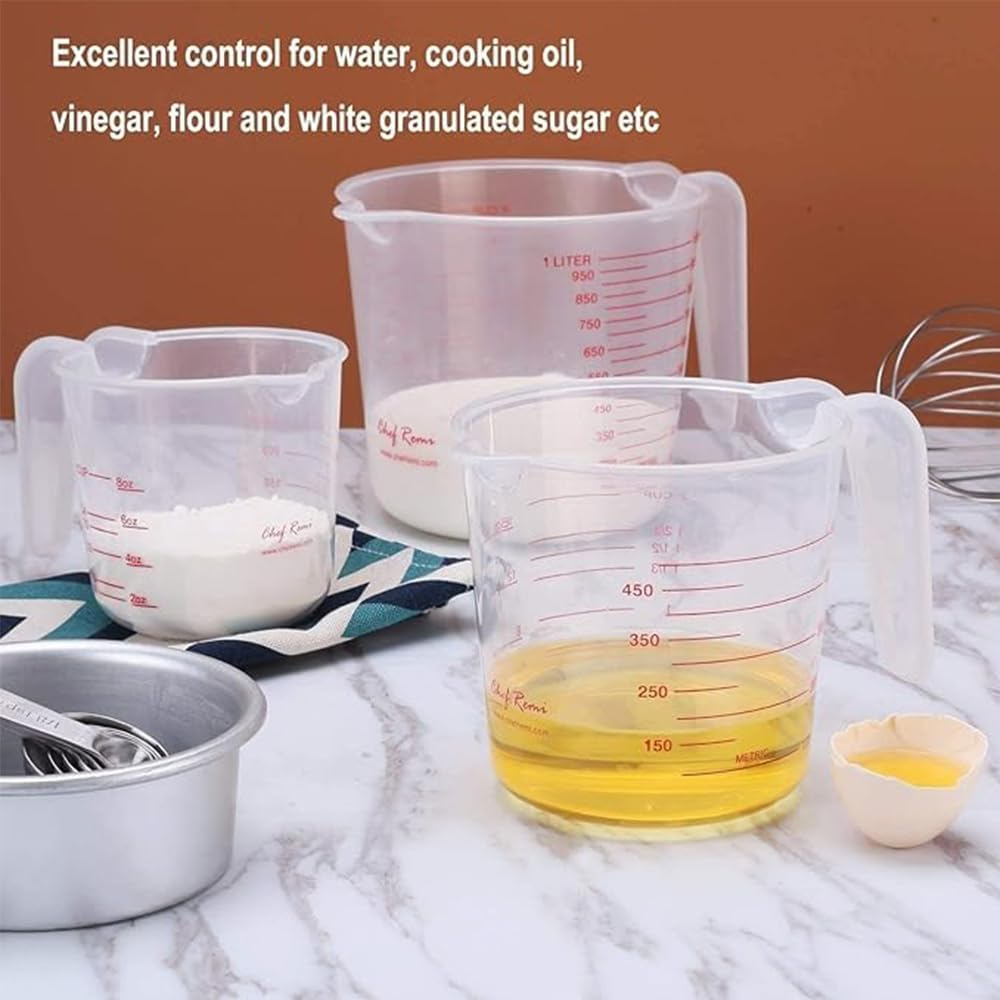 3 Pack Measuring Cup Set,250Ml 500ML 1000ML Clear Measuring Cup for Cooking Baking, Plastic Measuring Jug BPA Free Stackable Plastic Jugs with Handle, Easy to Read Measurements, Cook with Accuracy