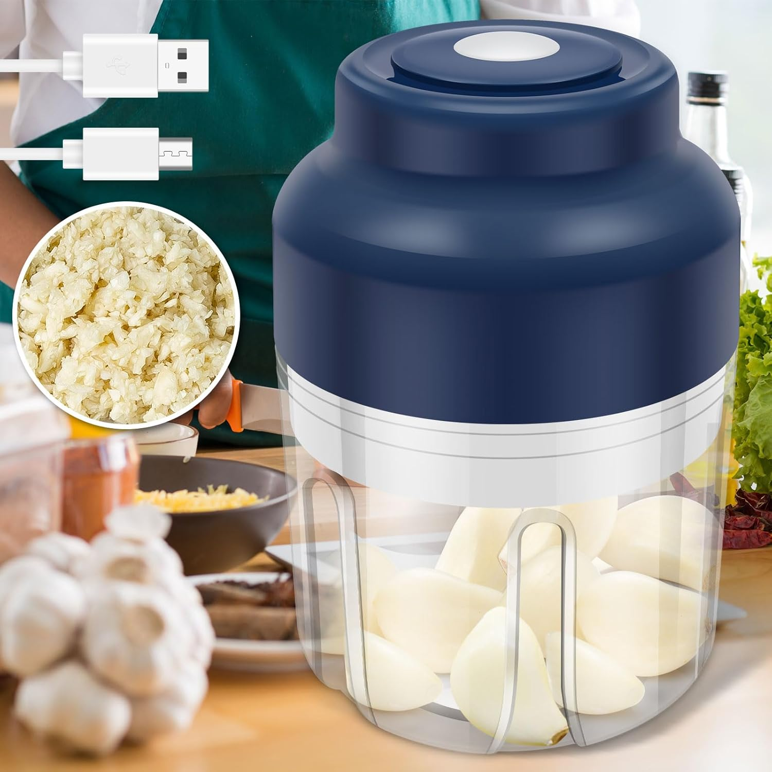 Rdjeokf Electric Garlic Chopper, USB Rechargeable Portable Food Processor, 250/300ML Garlic Grinder, Vegetable Chopper, Electric Food Crusher for Small Vegetable Onion Tomato Pepper Herb (250ML)