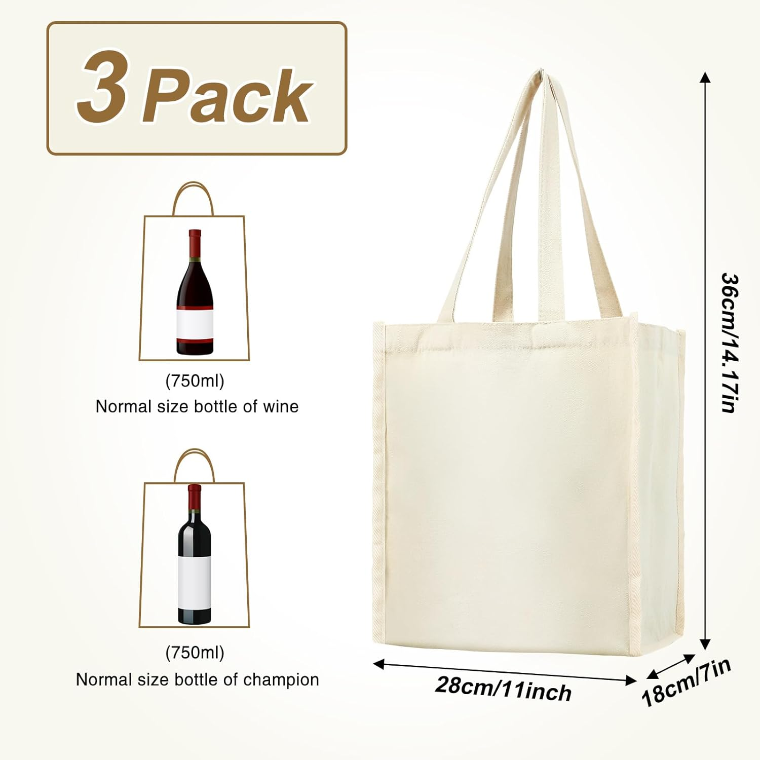 Berlune 3 Pcs Reusable 6 Bottle Wine Tote Bag with Divider Canvas Washable Portable Wine Carrier Tote Sturdy Bag for Grocery Bottle Carrier Holder for Travel Camping Picnic image number 6