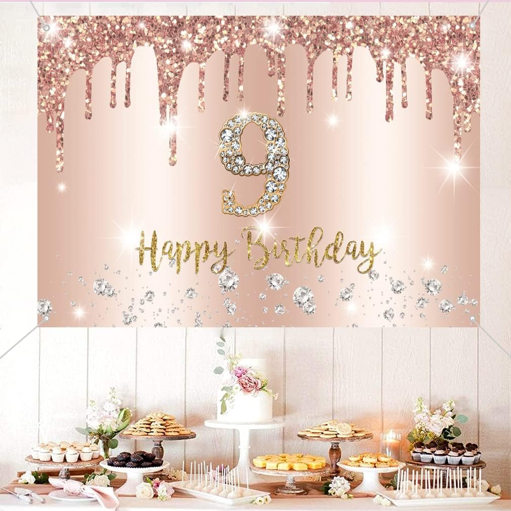 Tecreo Happy 9Th Birthday Decorations Backdrop Banner for Girls, Rosegold Fabric Sign Poster, 59"X35.4", Pink, Vinyl, No Rope Included