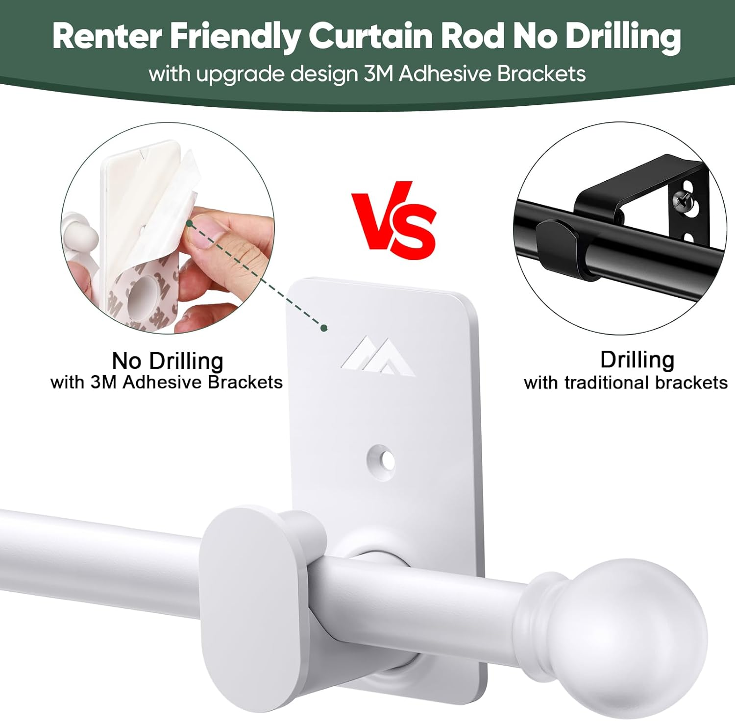 Curtain Rods No Drilling for Windows 30 to 90 Inches,5/8 Inch Diameter No Drill Curtain Rod Set with 3M Adhesive Brackets, White image number 1