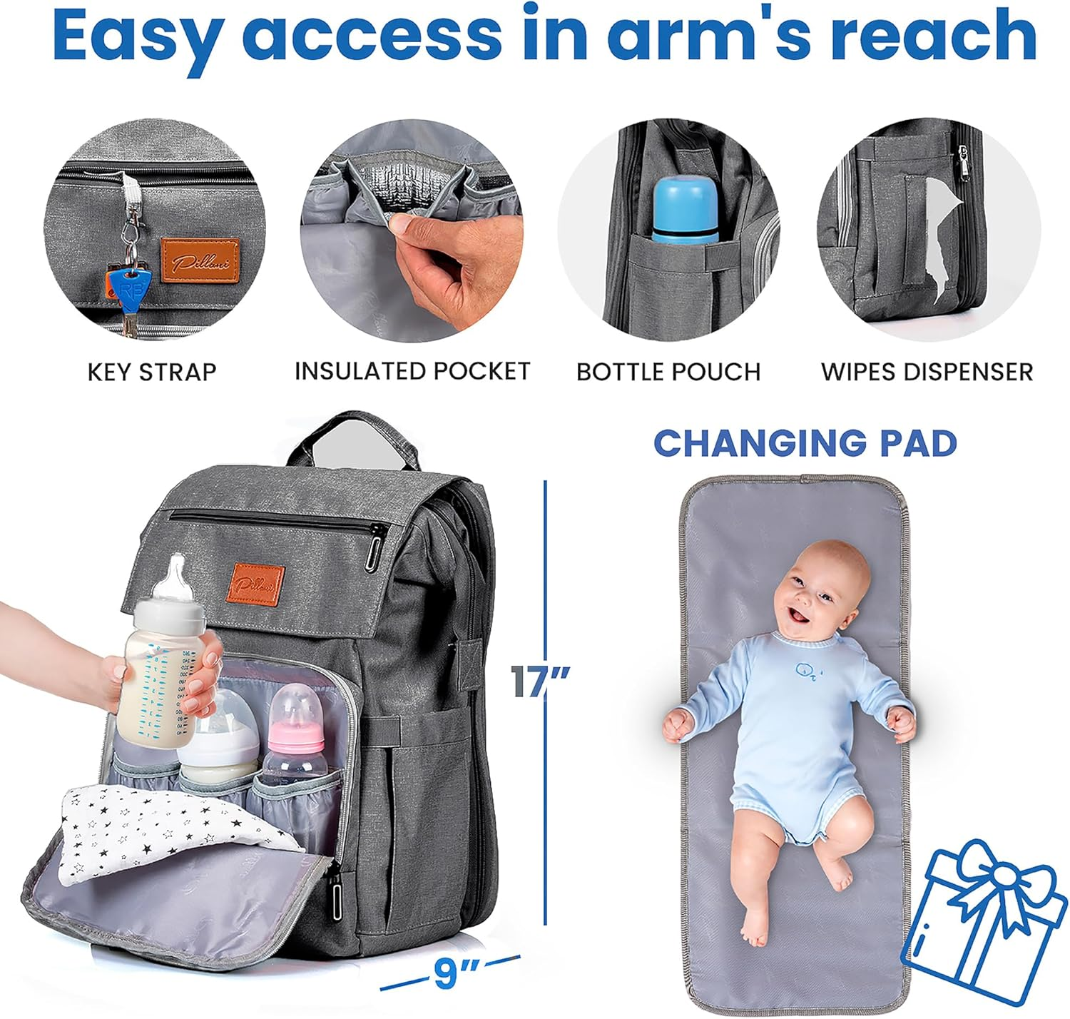 PILLANI Baby Diaper Bag Backpack - Baby Bag for Boys & Girls, Diaper Backpack Baby Registry Search, Newborn Essentials - Blue Dinosaur_Classic image number 5